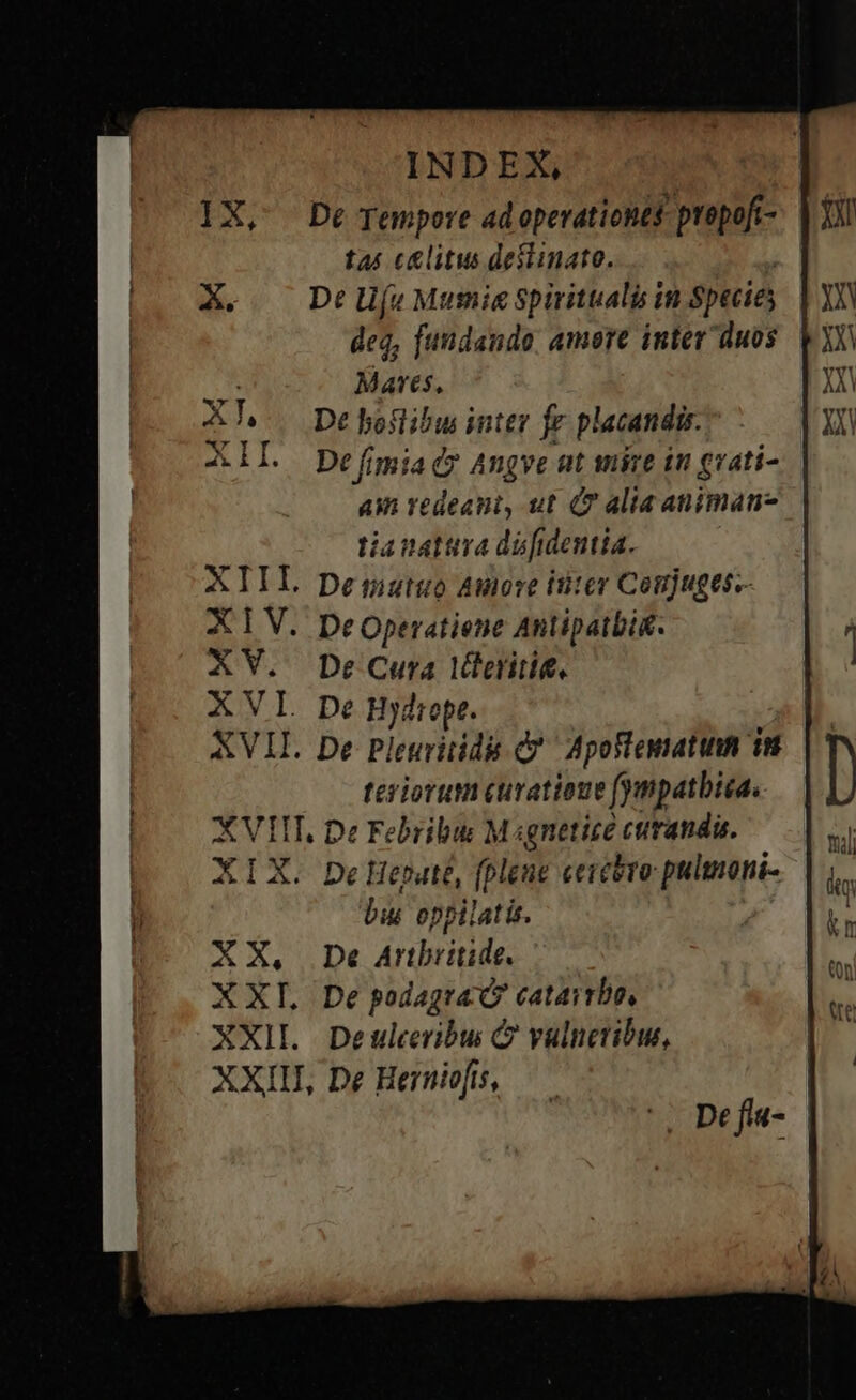 IX, De Tempore ad operationes: propofi- tas clitus destinato. X, De Uf» Mumig Spiritualis in Species deg, fundando. amore inter duos Me Martes, 7a r De boslibus iutey fe placandis. XII Defimiady Angve at mire in gvati- am redeant, ut (7 alia animan tia natttra difidentia. XIIL Dequtuo Amore ititer Conjuges- XIV. Deoperatiene Antipatbi&amp;. XV. DeCura Veris. XVL De Hydeope. XVII De Pleuvitidi d? Apoflematinn in teriorum curatioue (ympatbiea. XVIIT, De Febribus M« gqneticé curandi. XIX. be Hepaté, (plene cerebro pulmoni- bis. oppilatis. XX, De Artbritide. XXL. De podagra c eataitbo, XXII. Deulcribus C valucribus, XXII, De Hernio[is, Defiu- |