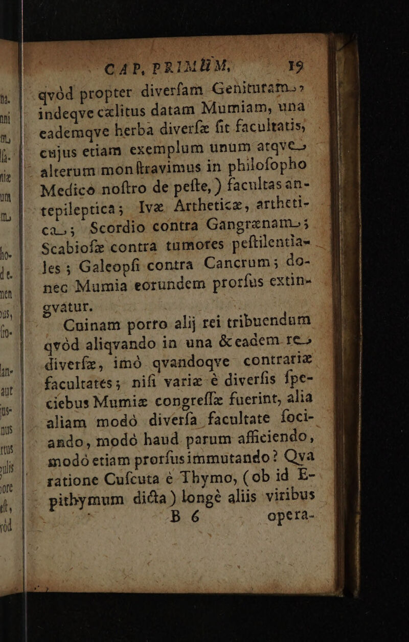 qvód propter diverfam Genitutam.» indeqve cxlitus datam Mumiam, una eademqve herba diverfx fit facultatis, cujus etiam exemplum unüm atqve alterum mon [travimus in philofopho Medico noftro de pete, ) facultasan- tepilepticas Iva Artheticz , artheti- ca»; Scordio contra Gangrenamo»; Scabiofe contra tumores peftilentia- les ; Galeopfi contra Cancrum ; do- nec Mumia eorundem prorfus extin- gvátur. Cninam porro alij rei tribuendum qvód aliqvando in una &amp; eadem re» diverfz, imó. qvandoqve contrari facultates; nifi varie € diverfis fpe- ciebus Mumiz congreflz fuerint, alia aliam modó diverfa. facultate foci- ando, modó haud parum afficiendo, modó etiam prorfusimmutando? Qva ratione Cufcuta € Thymo, (ob id E- pitbymum di&amp;a) longe alis viribus B 6 opera-