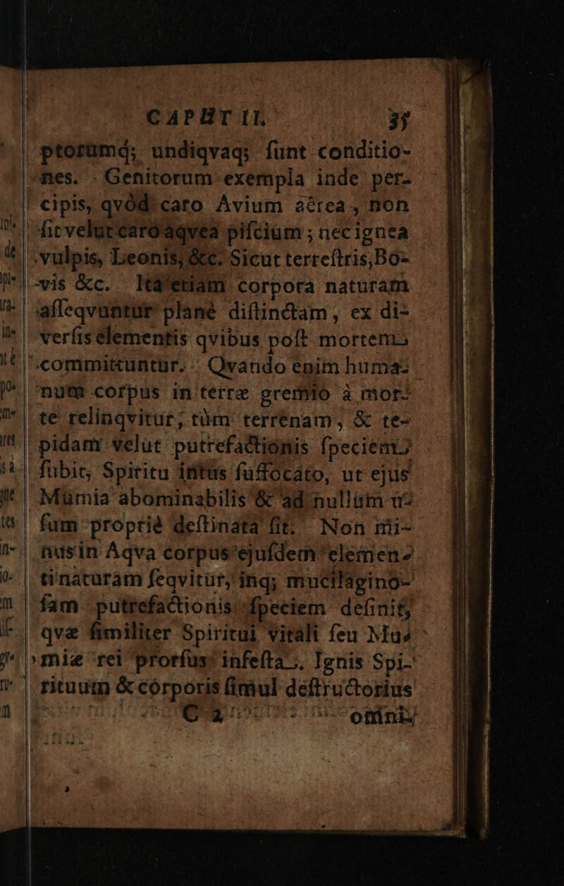 CAPHT IL 3f mes. - Genitorum- exempla inde per. cipis, qvüd. cato Avium aérea , non vulpis, Leonis; &amp;c. Sicut terreítris,Bo- 1s &amp;c. Ka euam corporà naturam affeqvantur plané diftinctam, ex di- veríis elementis qvibus poft morteni, nut corpus in terre gremio à nior te relinqvitut; tüm: terrénam, &amp; te- pidamr velut putrefactiónis fpeciem. fübit, Spiritu irifus füfocato, ut ejus Müumia abominabilis'&amp; ad nulliim uw? fum proprié definata fit Non mii- nusin Aqva corpus^ejufdem 'elemen tinaturam feqvitur,'ing; mucilagino- fam putrefactionis-fpeciem definit qva fimiliter Spiritui vitali feu Mu» rituutn &amp; córporis (imul deftru&amp;torius. UTD PNEU URS Te EDT