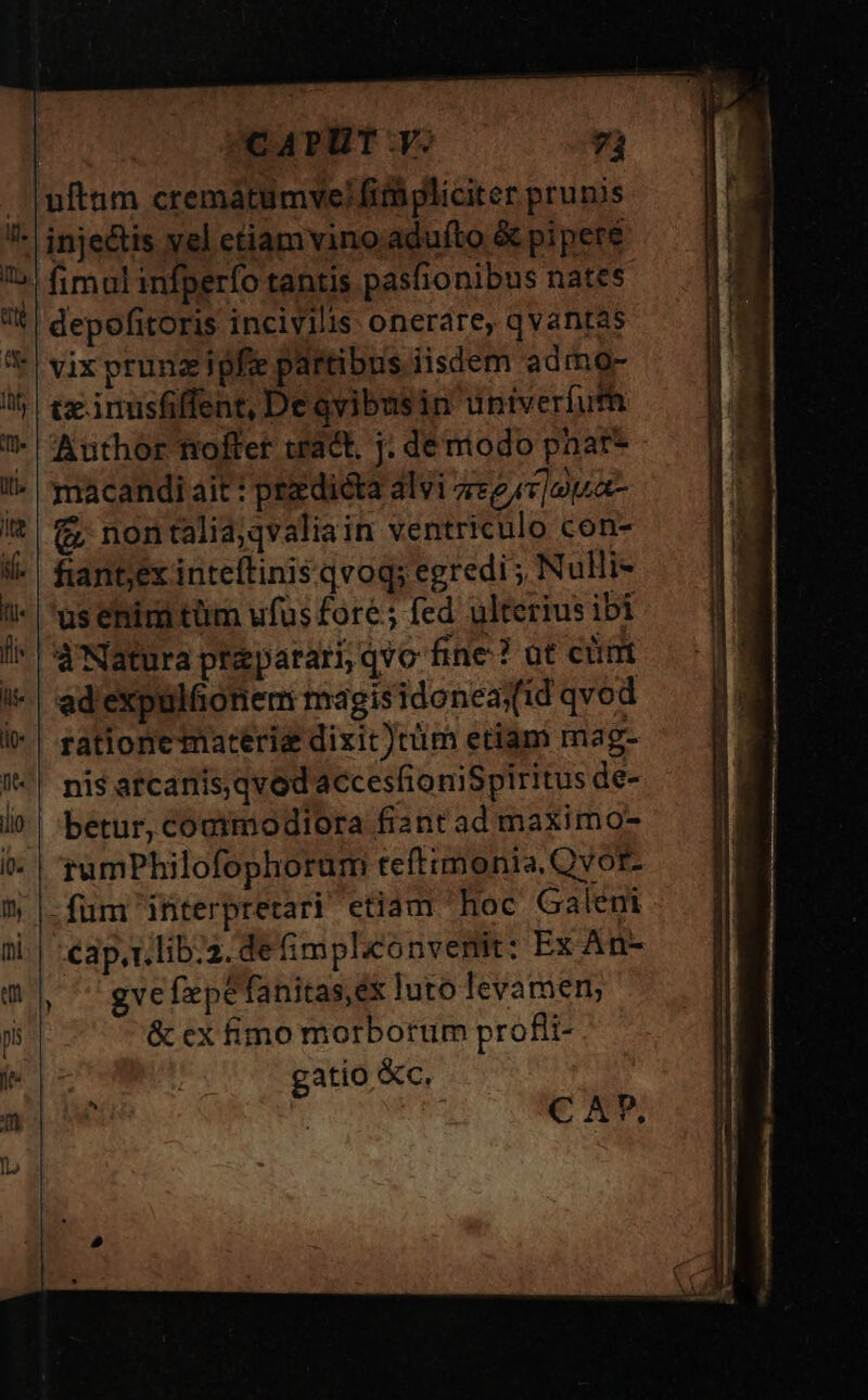 | CAPUT V: 7i uftnm cremátumve/ fif pliciter prunis injectis vel etiam vino. aduíto &amp; pipere (fimul infperfo tantis pasfionibus nates depofitoris inciyilis onerare, qvantas **| vix prunzigfie partibus iisdem admo- | tx. inmsfiffent, De qvibusin univeríufh - Author froffer tract. j. dé niodo pnar* !i- mmacandi ait : przdicta alvi 722,7]20a- !'* &amp; nontalia;qvaliain ventriculo con- 4- fiantyex inteftinis.qvog; egredi ;, Nulli- 1- |'us eniri tüm ufus fore; fed ulterius ibi i | Natura preparar; qvo fine ? ot ciim !-| ad'expulfioneri magisidonea(id qvod i* | ratione materie dixit)ruüm etiam mag- ^| nis arcanis, qvod accesfioniSpiritus de- llo betur, commodiora fiant ad maximo- i- | tumPhilofophorum teftimonia. Qvor- * |-fum interpretari etiam hoc Galeni ni.| -éap,tlib;2. deGmplionvemit: Ex An- gvefxpe fanitas,ex luto levamen; pis &amp; ex fimo morborum profli- gatio c.