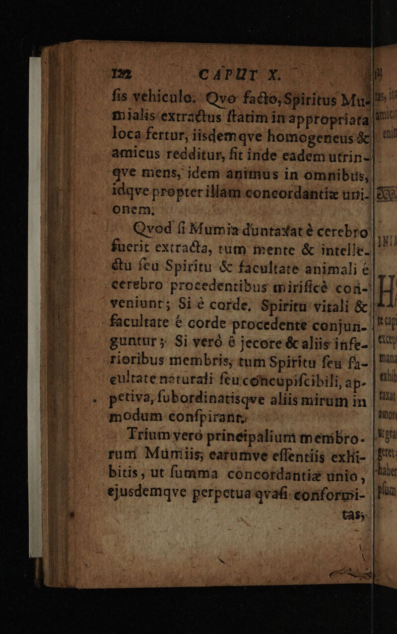 CAPUT X. — I» fis vehienlo;: Qvo facto; Spiritus Mus|^  mialis extractus ftatim in appropriata ^ loca fertur, iisdemqve homogeneus $c amicus redditur, fit inde eadem utrin- qve mens, idem animus in omnibus, idqve propter illam coneordantiz tiiii-|&amp; onem. Qvod (i Mumia duntaxat é cerebro | fuerit extracta, tum mente &amp; intelle. &amp;u feu Spiritu. &amp; facultate animali e cerebro procedentibus mirificé cod-' veniunt; Si é corde, Spiritui vitali &amp; facultate &amp; corde procedente conjuri- guntur y. Si veró é jecore écaliisinfe- rioribus membris; tum Spiritu feu fa- eultate néturali feu cehcupifcibili, ap- petiva, fubordinatisqve aliis mirum in modum confpirant; Trium veró prineipaliutt m enibro- rum Muümiis; earumve eflentiis exlii- bitis, ut fumma concórdantiz unio, ejusdemqve perpetua qvafi: coriformi-