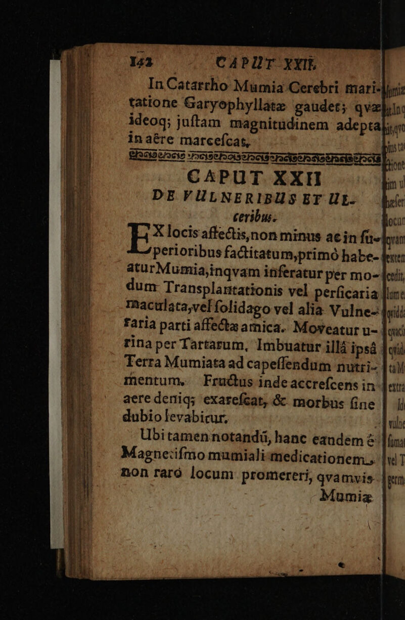 143 CAPUT XYIL In Catartho Mumia Cerebri mari-| ratione Garyophyllatz gaudet; qvz|, ideoq; juftam magnitudinem adepta ir inaére marcefcat, L2 dno CAPUT XXI DE VULNERIBUS ET ur. ceribus. | EX locis affetis,non minus ac in fa-l perioribus factitatum,primó habe-. aturMumia,inqvam inferatur per mo- eii dum Transplartationis vel perficaria [lint maculata,vel folidago vel alia: Vulne-: dvi raria parti affe&amp;ta amica. Moweatur u- | qué rina per Tartarum, Imbuatur illà ipsáà Joi Terra Mumiata ad capeffendum nutri- | iy mentum, Fructus indeaccrefcens in- ett aere deniq; exareícat, &amp; morbus fine | li dubio levabicur, dul Ubi tamen notandü, hanc eandem 4: fuma Magne:ifmo mumiali-medicationem., Iu non raró locum promereri, qvamvis. | gm Mumiz