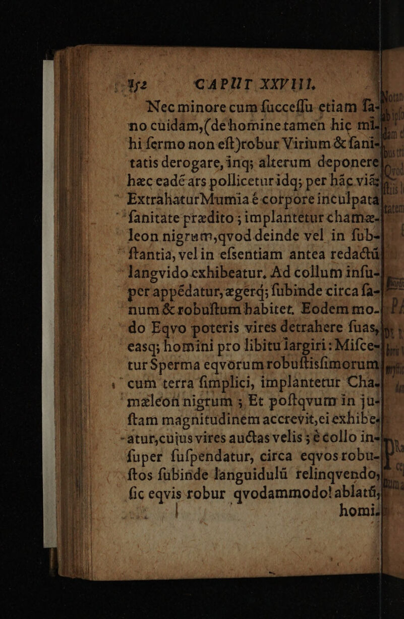 (Wa CAPIT XXVH1, Nec minore cum fucceffu etiam Tas] nocüidam,(dehominetamen hie mias hifermo non eft)robur Virium &amp; fanis] tatis derogare, inq; alterum deponere| hac eadéars polliceturidq; per hác viazl?  ExtrahaturMumiaé corpore inculpata, fanitáte predito ; implantétur chame- leon nigram;qvod deinde vel in fubsp ftantia, velin efsentiam antea redactüp langvido exhibeatur, Ad collum infu-] per appédatur, zgerd; fubinde circa fa-]' numé&amp; robuftam babitet. Eodem mo-f do Eqvo poteris vires detrahere fuasly y easq; homini pro libitulargiri : Mifcesloon tur Sperma eqvorumrobuftisfimorumlue cum terra fimplici, implàantetur Chas maléoti nigrum 5 Et poftqvum in ju. ftam magnitudinem accrevit,ei exhibesh -atur,cujus vires auctas velis; é collo insk fuper fuüfpendatur, circa eqvosrobu- ftos fubinde languidulü relinqvendoy] fic eqvis robur qvodammodo! ablatti homi;