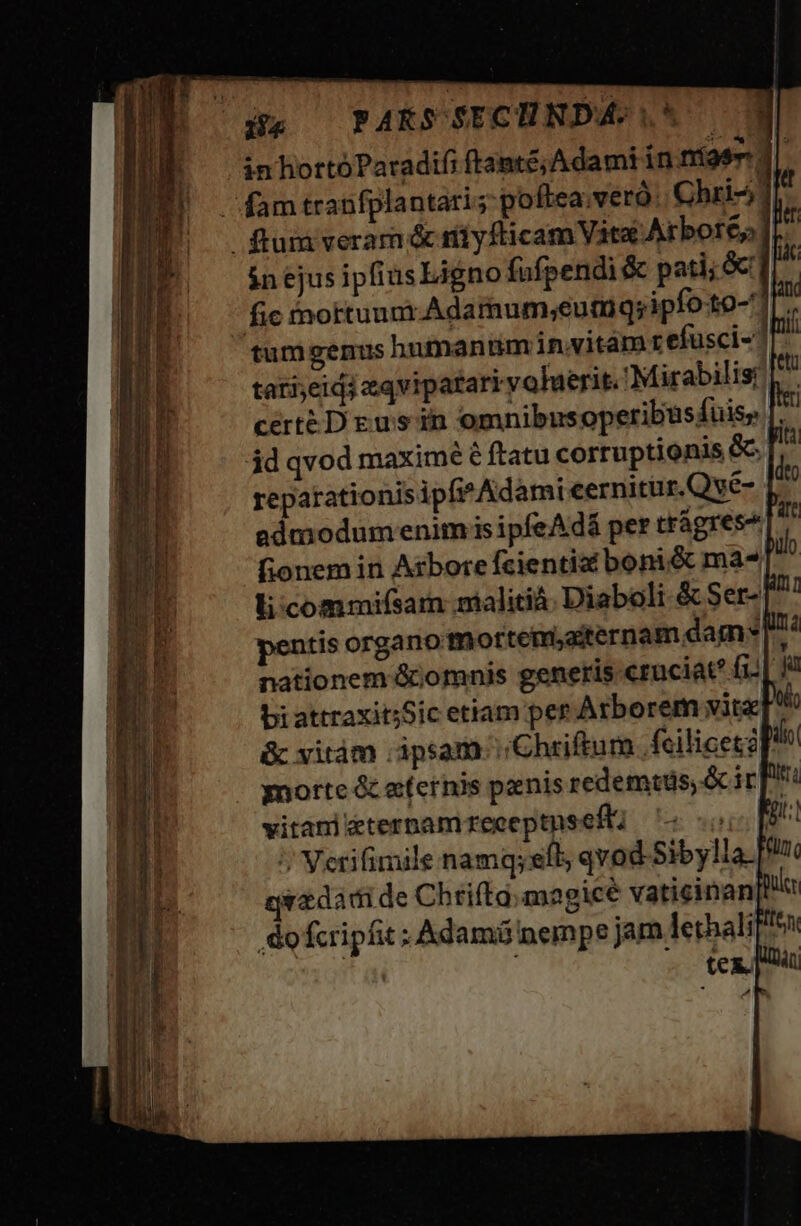 Ha PÁARSSECHNDA4:(.*5 — inhortóParadif; tante; Adami inrmías l| fam tranfplantari ; poftea.veró: Chri 1. fium veram &amp; iiy fticam Vita Arbore] $n ejus ipfiusLigno fufpendi &amp; pati; &amp; fic Ánortuunt Adainum;eumqs;ipfoto- 1T. tumgenus humanum invitam t efüsci-]l tati;eidi aqvipatariyolhterit. Mirabilis! |^. certé DEus in omnibus operibus fuis, [^ id qvod maxime é ftatu corruptionis &amp;T reparationis ipf Adami cernitur.Qve- | admodum enim is ipfeAdá per trágres^ |^ fionem in Arbore fcientia boni&amp; ma^ | li:commifsarn mialitià Diaboli &amp; Ser- pentis organo mortemiaiternam dam» nationem &amp;jomnis generis cruciat? fi bi attraxit;Sic etiam per Arborem vit &amp; vitàm .ipsam Chriftum feilicetzl ynorte &amp; efernis panis redemtás, &amp;ir[^ vitani eternam receptuseft; | '/ Verifimile namq;síl; qvod Siby! qeadadi de Chrifta magicé vaticinan do fcripfit; Adamá nempe jam lethali? tex. ]  mE WAT dint t RC iin Me MÀ M