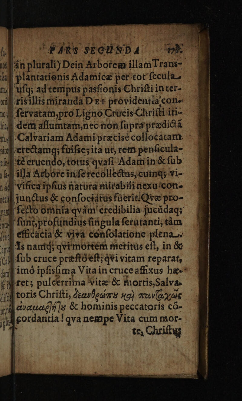 A0 ». E *. ow. SNR  d (o cPARs sfOÜUNSDA pk itf in plurali) Dein Arbofrem illam Trans- lsf plantatienis Adamice per tot fecula- 1, f ufq; ad tempus pasfionis Chrifti inter- vif; risillis miranda D ev próvident:za cone 1» fervatam;pro Ligno Crücis Chrifti iti- m dem aflumtam,nec non fupra predia nu | Calvariam Adami precise collocatam. : sioere&amp;tamg; fuifse; ita ut, ret penficula- (if:té eruendo,totus qvafi Adam in &amp; fub: [4 il]a Arbore iniferecolle&amp;uscumq; vi- vil vifica ipfius natura mirabili nexu/con- itl jun&amp;us &amp; confociátus faeritiQve pro- vif fecto omhia qvàm' ctedibilia jucüdaqs: qd funt;profündius fingula feratanti; tàm if efficacia &amp; vira confolatione plenas f 1s nantd; qvi mortem metitüs efl, in óc (44 füb cruce preffóeft; qvi vitam reparat, m imó ipfis(ima Vitaincruceaffixus hae* (M:Mtet; pulcerrima vitz &amp; fnortis,Salvae jjj toris Chrifti, deasowmr8 ng) sro (racaie qnd evauaé)n|&amp; &amp;c hominis peccatoris có- je gordantia ! qva nempe Vita cum mor- tea Chriitaé 4 [ L | ! I