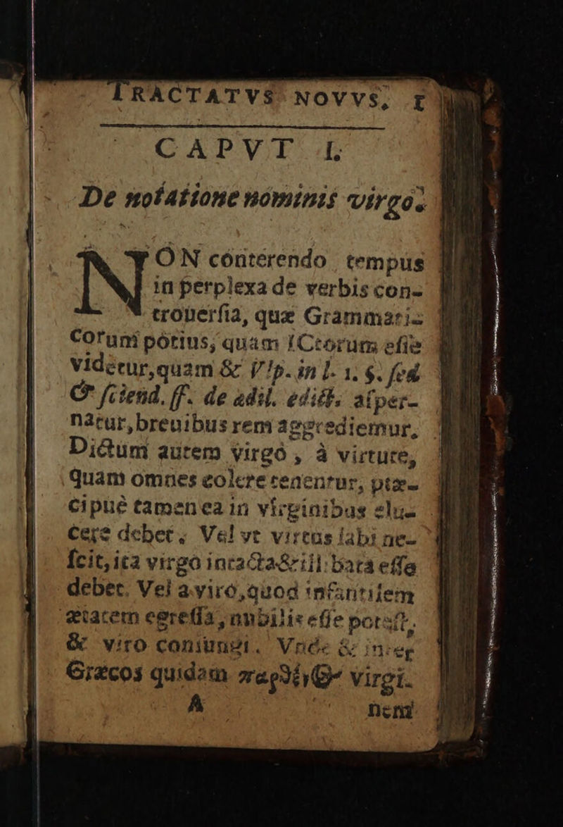 CAPVT LL De nofatione nomini VII TO. ^. ; 'ON coóntérendo | tempus IN in perplexa de verbis con- tronerfia, que Grammari: COruni pórius, quam I Ctorum efie Videtur,quam &amp; V!p.in L. 1. $. fed C /;iend. (f. de dil. edidk. afper- natur, breuibus rem aggcediemur, Dictum autem virgó , à virtute, quam omnes eolcre reaentur, pta Cipué tamenea in virginibus elus Cer? debet; Vel vt virtus labi ne- Ícit, ita virgo inca ta iili bara effa deber. Vei ayiro,quod 1n&amp;ritifem arem egreffa, anbilis e(fe porstt. G&amp; viro coniugi. Vnde &amp; in:eg Gi2cos quidem zapXiyG virgi. Á | Der
