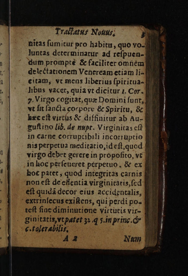 Tradfatus Nonus, nitas fumitur pro habitu, quo vo-li luntas determinatur ad reípuen-] dum prompté &amp; faciliter omtiém delectationem Veneream etiam li- citam, vt mens liberius fpiritua«] libus vacet, quia vt dicitur 1. Cor. li 7. Virgo cogitat, quz Domini funt, Ji vt fit (ancta corpore &amp; Spiritu, 8c hzc eft virtüs &amp; diffinitur ab Au- Bj guftino lib. de nspt. Virginitas cft f in €arne corruprübili incorruprio Bf nis perpetua meditatio,idefl,quod Bi virgo debet gerere in propofito, vc IN in hoc perfeueret perpetuo. &amp; ex I hot patet , quod integritas carnis IN 'non eft deeffcntia virginicaris,fed I eft quidá decor eius accidentalis, fl  extrinfecus exiens, qui perdi po. c.taler bilis, A2