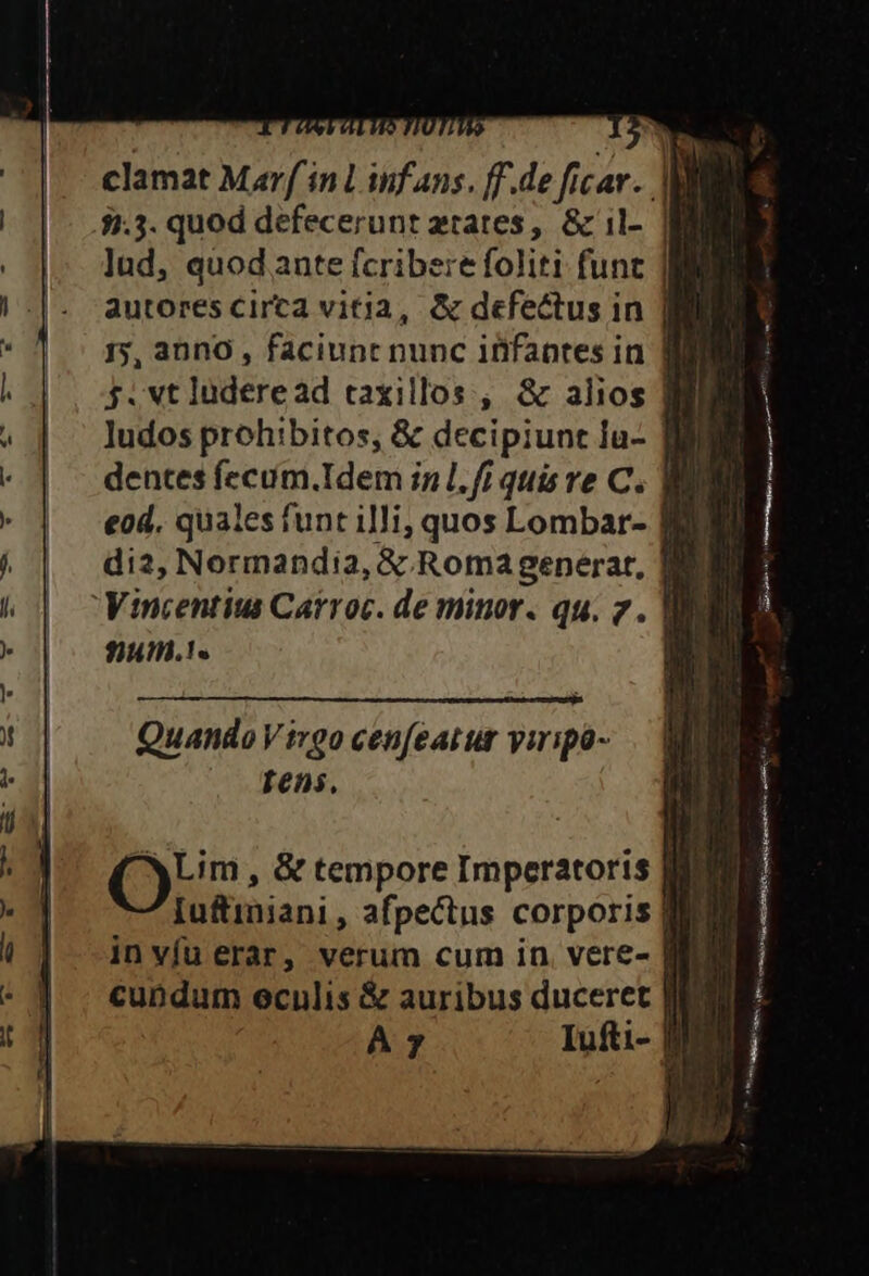 clamat Marf inl infans. ff.de ficav. 31.3. quod defecerunt ztates , &amp; il- | lud, quod ante fcribere foliti funt autores cirta vitia, &amp; defectus in ] ludos prohibitos, &amp; decipiunt lu- B j di2, Normandia, &amp;.Romagenerat, E Vincentius Carroc. de minor. qu. 2. am 942.1 « Quando Virgo cenfeatur yiripó- Lens.