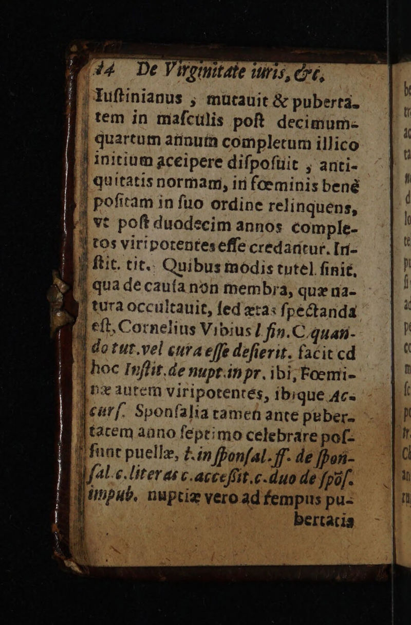 | Wetittdte iilis, CE, ]Iuftinianus , mütauit &amp; puberta. j tem in míafcülis poft. decimum- || quartum armuín completum illico |] initium aceipere difpofüit , anti- [i quitatis normam, iri feminis bené 3 pofitam in fuo ordine relinquens, K. vt poft duodecim annos comple- E tos viriporenteseffe credaritur. [ri- | ftit. tit... Quibus modis tutel finit, ) qua de cauía non mem brà, quz na- j tura occultauit, fed ata: fpectanda 4 eft, Cornelius Vibius fin.C.quan- Id do tut.vel cura effe defierit. facit cd gp hoc Inflit.de nupt.inpr. ibi, Foemi- jx autem viripotentés, ibique 4c« ] no bertatis