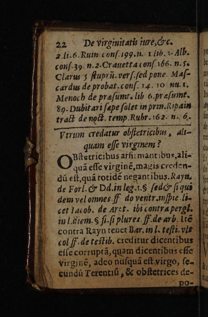 2 [i.6 Ruin:con[ 199.n.: xb. x Alb. con[.39. n.2-Crauetta conf. Y66- n. Clarus 3 Rluprü. verf.fed pone. Ma[- cardus de probat.conf. 1.4. 10 Wt. t.— Menoch de prafumt. lib. o. prafumt. | $9.Dubitart [epe fület in prin.Kipain À o trait deno&amp;. temp.Rubr.162- n. 6. Y) | Virum credatur obfletricibus , att- quain e[fe vitgmem ? Büsctricibus affizmantibus,alt- quá effe virgine, magis creden- dü cít,quá totidé negantibus. Raytt; de Forl.cr Dd.inleg-1.8 fede fi qus dew vel omnes.ff. do ventr.mpic lie. | cet lacob. de Arct. ibi contra perel. in Lüiem.S fi.[i plures. [F-dearb. Lt contra Rayn tenet Bar, in [. teft. vii col ff.de teflib. creditur dicentibus eí(e corrupta, quam dicentibus cffe B virgine, adeonufquaett virgo, (c- ? A cundà Terentii , &amp; obftetrices de- DO«