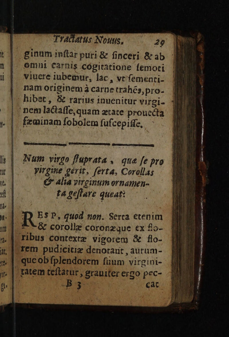 | ginuminflar puri &amp; finceri &amp; ab | emni carnis cógitatione femoti viuere iubemur, lac, vtfementi- nam originem à carne trahés, pro- hibet, S rarius inuenitur virgi- nem lactaffe, quam atate prouccta feminam fobolem fufcepife, yirgine gérit, ferta, Corolla; €? 4lia virginum ornamen- ta geflare queat: RE P, quod non. Serca etenim --&amp; corolle coronzque ex £5- ribus contexte vigorem X flo- rem pudicitiz denorant , autum- | que obfplendorem füum virgioi- | tatem teftatur, eraniter ergo pec- | B3 cac D ER Ce tii 1r al —dq—— um M EDU LUE — A eG ra e a CET AegnEtcaem c.