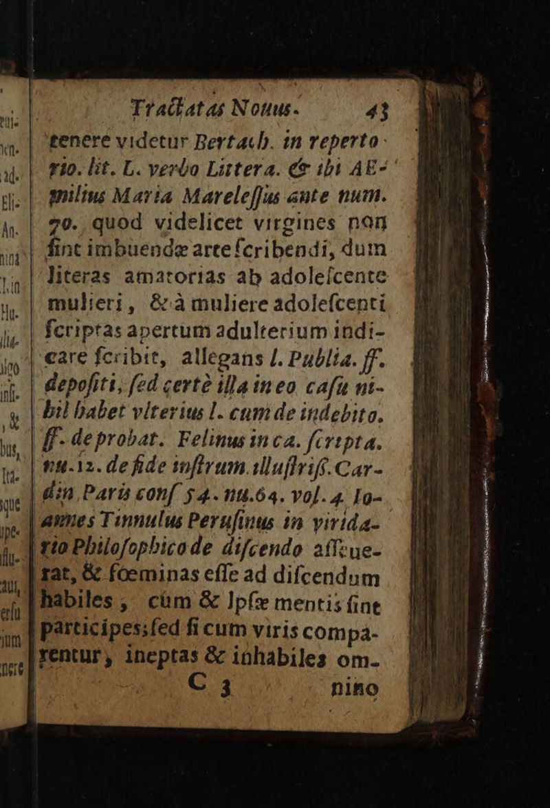 Trallatas Nouus- 4 tenere videtur Berta. tn reperto - 710. lit. L. vero Littera. e&amp; ibi AE- | gulis Maria Marele[[Jus aute num. .| 79. quod videlicet virgines non fint imbuendz artefcribendi, dum literas amarorias ab adoleícente mulieri, &amp; àmuliere adolefcenti |! fcriptas apertum adulterium indi- | care fcribit, allegans /. Publia. ff. depofiti, fed certe illa ineo cafu ni- bil babet viterius l. cum de indebito. ff- deprobat. Felinus inca. fcripta. E eu-12. defide iflrum.iluflriff.Car- | din Paris conf 54. nu.64. vo]. 4 Ig- - annes Tinnulus Perufiuus in virida- | tto Pbilofophicode difcendo aíTzue- [rat, &amp; foeminas effe ad difcendum habiles ;,; cám &amp; Jp(» mentis (int | participes;fed fi cum viris compá- |rentur, ineptas &amp; inhabiles om-