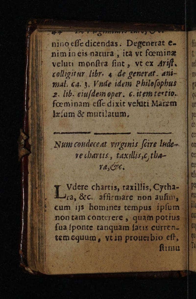 e - nino effe dicendas; Degenerat e- nimineis.natura , ità vc foeminae veluti monftra fint , vt ex Arif. colligit ur. libr. 4 de generat. ani- mal, a. 3. Vnde idem Philofophus 2. lib. eiu[deinoper. €.itemtertio.. foeminam effe dixit veluti Marzm ]lxíum &amp; mutilatum, ve chartis, taxillis,c;tha- YA,C? 6, y Vdere chartis, caxillis, Cytha- 4-Jr;2, GC. affirmare non aufi, - nontamcontcrere , quam potius | fua fponte tanquam faux curren- temequum, vt in proteibio efr, fini ;