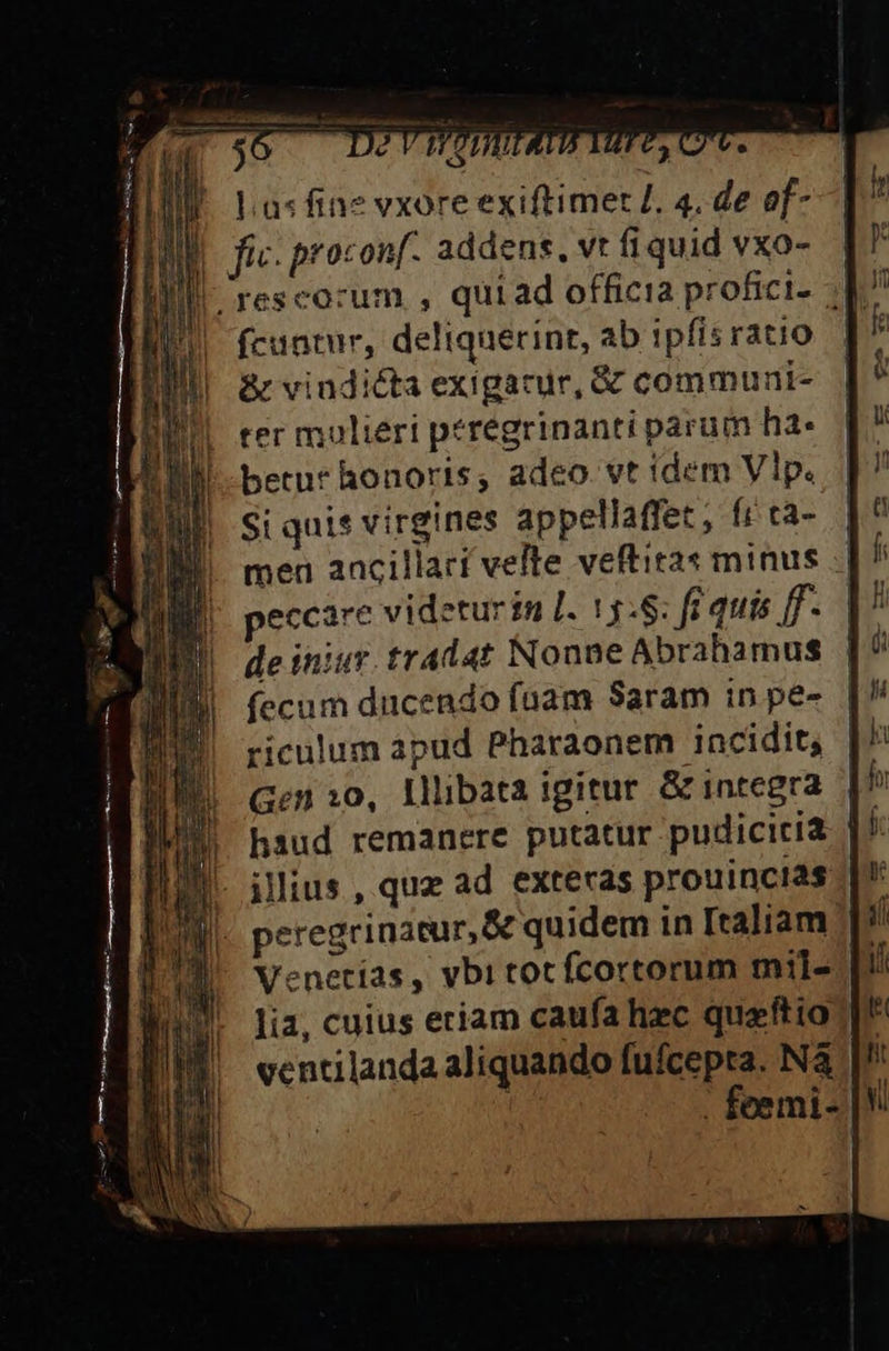 L.a«fine vxore exiftimet £. 4. de of- fic. proconf. addens, vt fiquid vxo- fcuatur, deliquerint, ab ipfis ratio &amp; vindicta exigatur, &amp; communi- eer molieri peregrinanti parum ha- betur honoris; adeo. vt idem Vlp. Si quis virgines appellaffet, fr ca- meu ancillari vefte veftitas minus | peccare videtur in [. 15:8: fr quis ff. de iniur. tradat Nonne Abrahamus | fecum ducendo fuam Saram in pe- riculum apud Pharaonem incidit, |! Gen 20, Illibata igitur &amp; integra | haud remanere putatur pudicitia |/ |. peregrinatur,&amp; quidem in Italiam. Venetias, vbi totfcortorum mil- lia, cuius eriam caufa hec quzftio |^ vencilanda aliquando (ufcepta. N4 . foemi-