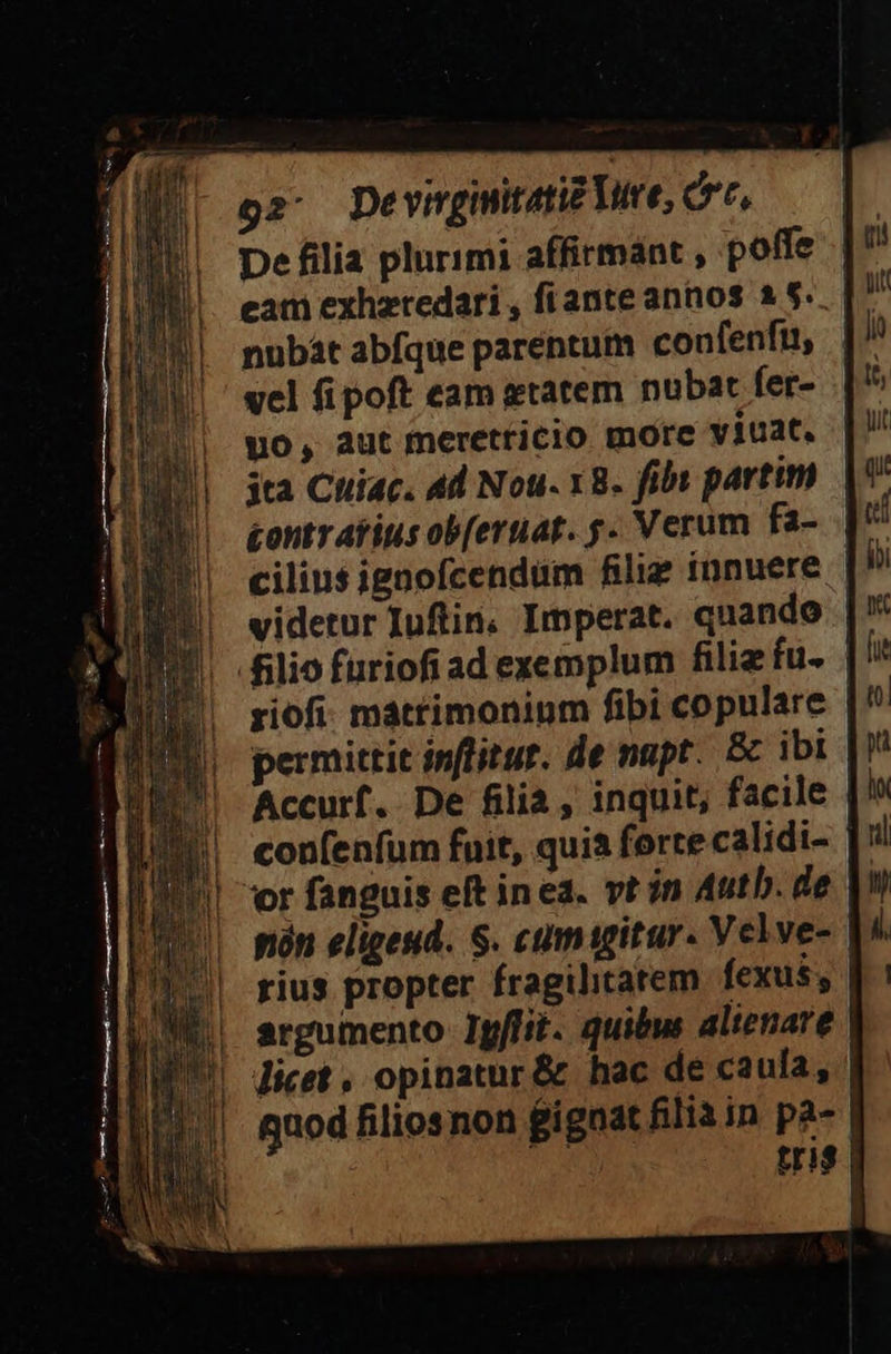 oz: Devirginitatiz lure, dr, eam exhzredari , frante annos $. nubát abfque parentum confenfr, | vel fi poft eam etatem nubat fer- Uo, aut meretricio more yiuat, ita Cuiac. Ad Nou. 18. fiby partim £ontratius obfernat. s. Verum fa- cilius jignofcendüm Rliz innuere | videtur Iuftin. Imperat. quando | filio furiofi ad exemplum filie fu | ziofi. matrimonium fibi copulare permittit inflitur. de napt. &amp; ibi Accurf. De filia , inquit, facile confenfum fuit, quia forte calidi- | vor fanguis eft inea. vt in Autb. de nón eligeud. S. cumagitur. Velve- rius propter fragilitatem fexus; | argumento Ipflit. quibus altenare ! dicet , opinatur &amp; hac de caula, qnod filios non gignat filia in pa- Hr1$ |