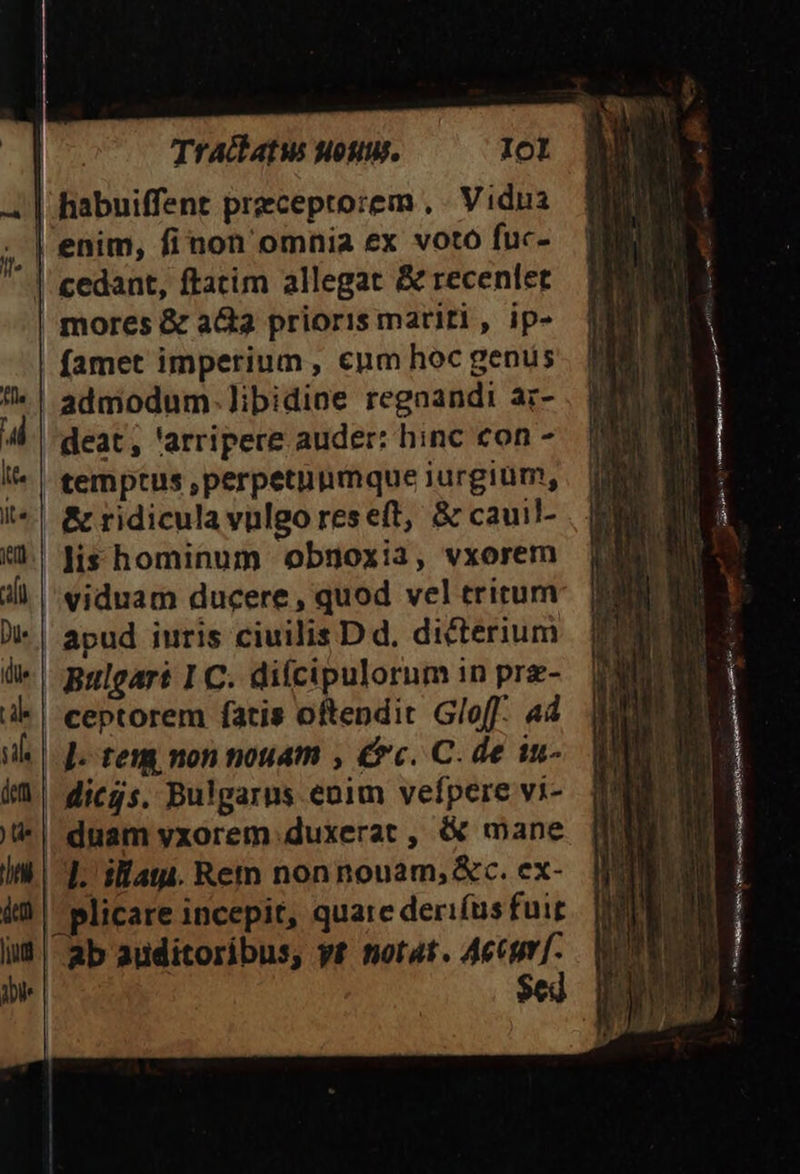 [ jt ffs Ld Ite its ill enim, finon omnia ex votó fuc- mores &amp; a&amp;a prioris matiti, ip- famet imperium, enm hoc genus deat, 'arripere auder: hinc con -- temptus ,perpetunmque jurgiüm, lis hominum obnoxia, vxorem /'viduam ducere , quod vel tritum: apud iuris ciuilis D d, dicterium Bulgari 1 C. diícipulorum in prz- 4t. Rem non nouam, &amp;c. ex-