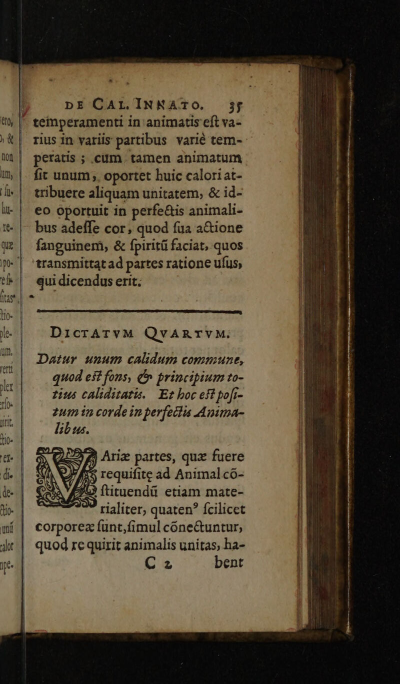  DE CAL INNATO. 35; '. teinperamenti in animatis eft va- /X| riusin variis partibus varié tem- peratis ; cum, tamen animatum fit unum. oportet huic caloriat- tribuere aliquam unitatem, &amp; id- !-| eo oportuit in perfe&amp;is animali- tt- |- bus adeffe cor, quod fua a&amp;ione w?| fanguinem, &amp; fpiritü faciat, quos f| 'transmittatad partes ratione ufus, t| equidicenduserit. e- DicrATVM QvARTVM. Datur unum calidum commune, quod est fons, d» principium to- zius caliditatis. E boc eft pofi- zum in corde in perfectis .Anima- libus. ) Ariz partes, quz fuere requifite ad Animal có- rialiter, quaten? fcilicet | corporez fünt,fimul cóne&amp;untur, ! quod re quirit animalis unitas, ha- l C z bent