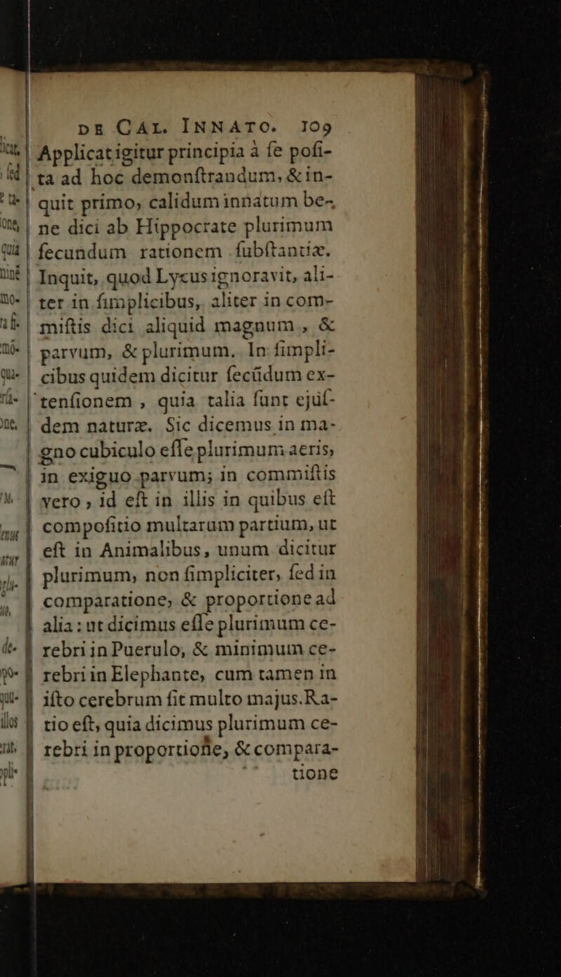 *44| Applicatigitur principia à fe pofi- d | ta ad hoc demonftrandum, &amp;in- | quit primo; calidum innatum be«4 ^ | ne dici ab Hippocrate plurimum qu | fecandum rationem .fubftanua. Diné | Inquit, quod Lycus ignoravit, ali- Ma | ter in fimplicibus, aliter in com- t| miftis dici aliquid magnum , &amp; W| parvum, &amp; plurimum. In fimpli- W- | cibusquidem dicitur fecüdum ex- | tenfionem , quia talia funt ejüt- | dem naturz. Sic dicemus in ma- | gno cubiculo effe plurimum aeris; in exiguo parvum; in commiftis vero ; id eft in illis in quibus eft » compofitio multarum partium, ut eft in Animalibus, unum dicitur plurimum, non fimpliciter, fed in comparatione, &amp; proportione ad alia : ut dicimus efle plurimum ce- rebriin Puerulo, &amp; minimum ce- | rebriinElephante, cum tamen in | ifto cerebrum fit multo majus. R.a- i tio eft; quia dicimus plurimum ce- rebri in proportiofle, &amp; compara- tione