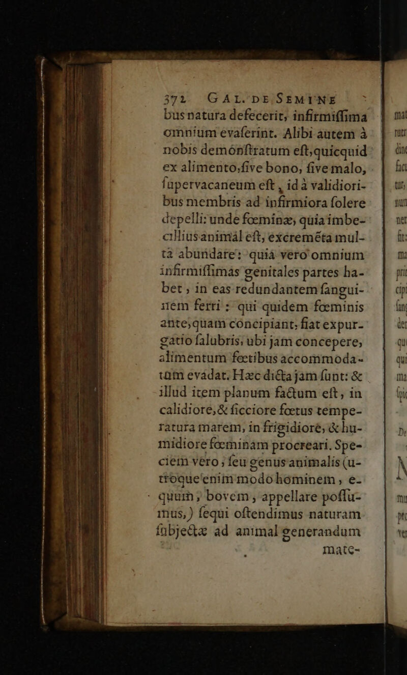 373. GAL.DE SEMINE bus natura defecerit, infirmi(fima omnium evaferint. Alibi autem à nobis demónftratum eft;quicquid ex alimento;five bono, five malo, füpervacaneum eft , id à validiori- bus membris ad infirmiora folere depelli:unde foeminz, quia imbe- cilliusanimál eft; excreméta mul- t2 abundare: quiá vero omnium infirmiffimás genitales partes ha- bet ; in eas redundantem fangui- iem ferri : qui quidem foeminis antequam concipiant; fiat expur- gatio falubris; ubi jam concepere, alimentum fectibus accommoda - iam evadat. Hxc di&amp;a jam fünt: &amp; illud item planum fa&amp;um eft, in calidiore;&amp; ficciore foetus tempe- ratura marem, in frigidioré, &amp; hu- midiore faeminam procreari. Spe- ciem vero; feu genusanimalis (u- troque'enim modo hominem , e- quum; bovem , appellare poffu- imus, ) fequi oftendimus naturam fübje&amp;zx ad animal eenerandum Inaté-