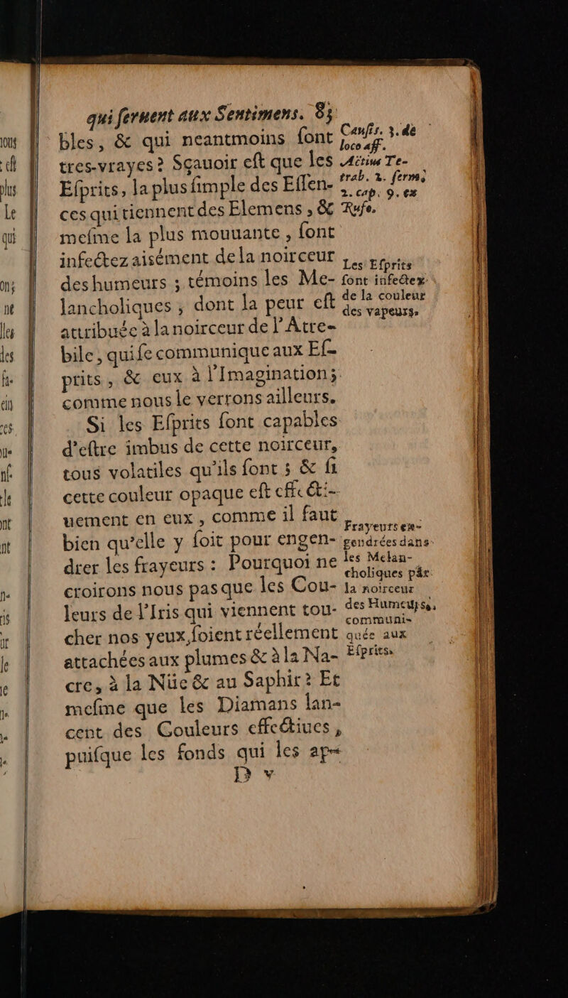 bles, &amp; qui neantmoins font LeN 71e tres-vrayes &gt; Sçauoir eft que Îes Ati Te- Efprits, la plus fimple des Eflen- LS A ces quitiennent des Elemens ; &amp; Rufe, mefime la plus mouuante, {ont infectez aisément de la noirceur Les Efprits ! : des humeurs ; témoins les Me- font infetex lancholiques ; dont la peur eft de la”couleur l des vapeurs: attribuée à la noirceur de l’Âtre- bile , quife communique aux Ef= prits, &amp; eux à l’Imagination;. comme nous le verrons ailleurs. Si les Efprits font capables d’eftre imbus de cette noirceur, tous volatiles qu'ils font 3 &amp; f1 cette couleur opaque ef cf ét: uement en eux, comme il faut bi ; ell ( : 1 Frayeurses- ien qu’elle y foit pour engen- sendréesdans drer les frayeurs : Pourquoi ne # Men”, : choliques pâx croirons nous pasque les Cou- 1a noirceur leurs de l’Iris qui viennent tou- 5 Humeuse, : ! communi- cher nos yeux foient réellement quée aux attachées aux plumes &amp; à la Na Efprisss cre, à la Nüe 6 au Saphir? Et mcefme que les Diamans lan- cent des Couleurs effeétiues, puifque les fonds qui les ap= D v |