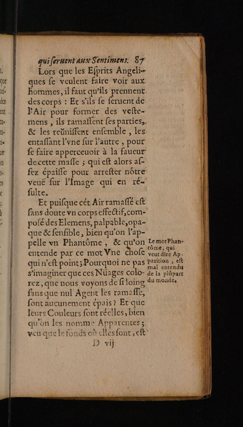 Lors que les Efprits Angeli- ques fe veulent faire Voir aux: hommes, il faut qu’ils prennent. des corps : Et s'ils fe feruent de FAir pour former des velte- mens , ils ramaflent fes parties, &amp; les reüiniflemt enfemble , les entaflant l’vne fur l’autre , pour fe faire apperceuoir à la faueur decette mafle ; qui eft alors af- fez épaifle pour arrefter nôtre veuë fur l'Image qui en ré- fulte. Et puifque cet Air ramafté eft fans doute vn corpseffeétif,com- pofé des Elemens, palpable,opa- que &amp; fenfble, bien qu'on l'ap- pelle vn Phantôme , &amp; qu’on LemotPhan- eptende par ce mot Vne Lol Sa à 8 qui n'eft point; Pourquoi ne pas patents s’imaginer que ces Nüages colo- ac 1a plûpars rez, que nous voyons de (IG E Hate fansque nul Agent les ramaffe, font aucunement épais? Et que feurs Couleurs font réelles, bien qu'on les nomme Apparentess vou que le fonds où cilesfont,eft