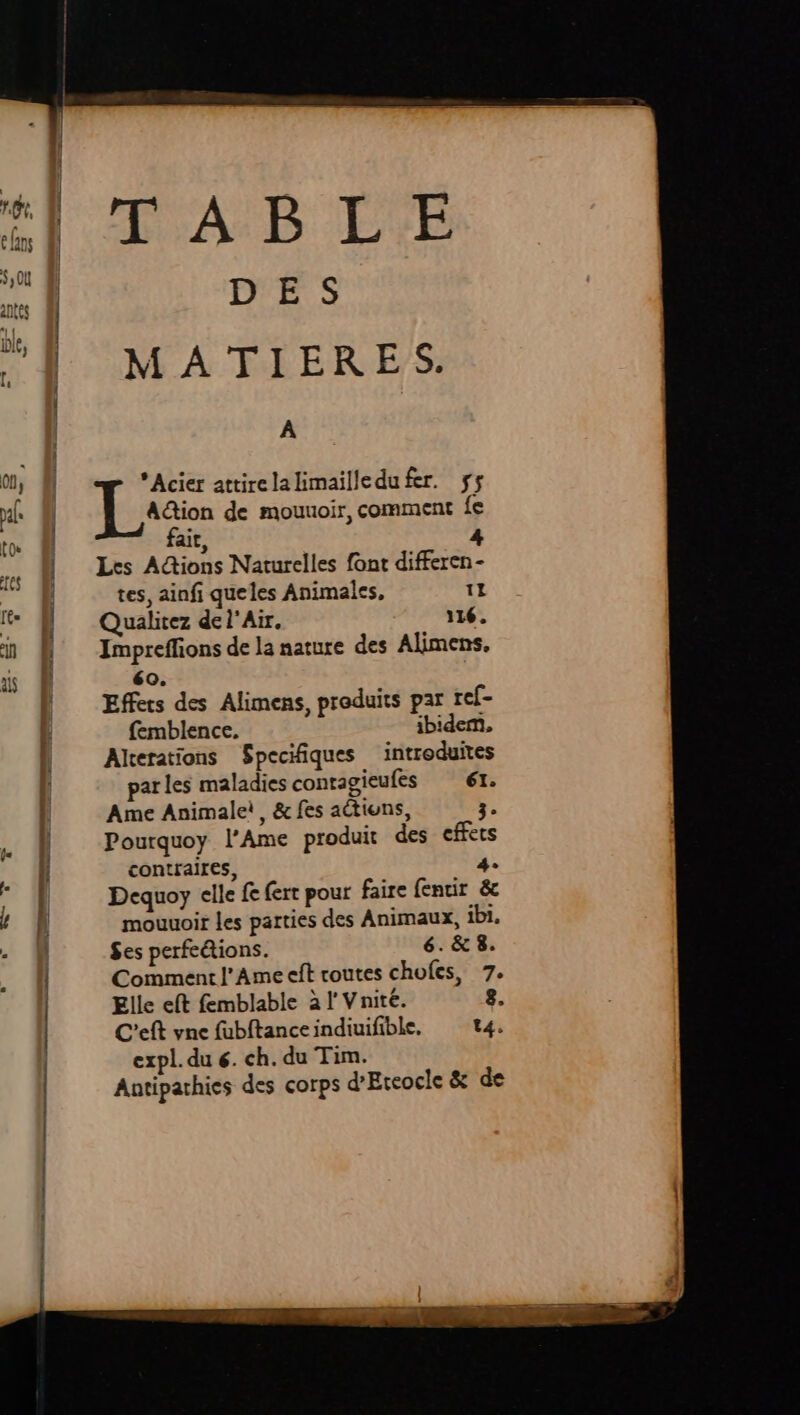 LAB L'E DES MATIERES. À É. Acier attirelalimailledufer. fs A@ion de mouuoir, comment fe fait, 4 Les Adtions Naturelles font differen- tes, ainfi queles Animales, 11 Qualitez de l'Air, 116. Impreffions de la nature des Alimens. 60. Effets des Alimens, produits par ref- femblence, ibidem, Alterations Specifiques introduites parles maladies contagieufes 61. Ame Animalet, & fes actions, 3. Pourquoy l’Ame produit des cffets contraires, 4. Dequoy elle fe fert pour faire fentir & mouuroir les parties des Animaux, ibi. Ses perfe&ions. 6. & 8. Comment l'Ame eft routes chofes, 7. Elle eft femblable à l'Vnité. 8. C’eft vne fubftanceindiuifible, t4. expl. du 6. ch. du Tim. Antiparhies des corps d'Ercocle & de