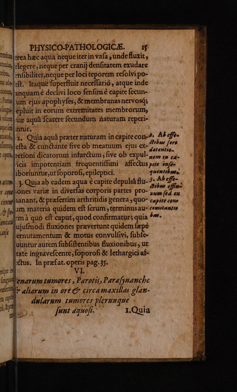 | | Tn) sre haec aqua nequeiter in vafa , unde fluxit, ii| Meoere, neque per cranij derifitatem exudare ix, »nfibiliter,neque perlociteporem refolvi po- üt ft. Traque fuperfluit neceffarió , atque inde ita lanquam e declivi loco fenfim e capite fecun- Tori um ejus apophyfes, &amp; membranas nervosis | pi epfuit in: eorum extremitates membrorum; rire |. ze aquà fcatere fecundum naturam repeti- etl ntir, | | : mafia. Quia aqua prater naturam in capite con-^ Ab effe. [intylefta &amp; cunctante five ob meatuum ejus ex- Tw fori or leetioni dicatorum infarctum ; five ob expul- ghddngeoa ji i ne»? £» cá» icis impotentiam frequentiffimi affectus pate smfe- liboriuntur,ut foporofi, epileptici. quentibsuo. Mtl] 3. Quia ab eadem aqua € capite depulsà flu- i ed t 4| ones varie in diverfas corporis partes pro- ,,, ($7 ex üt Yanant; &amp; prafertim arthritidis genera ; quo- capire cone ppeporo materia quidem eft ferum , terminus ent enam pi à quo eft caput, quod confirmatur; quia *^. Jujuftnodi fluxiones przvertunt quidem fzpé uj lérnutamentum &amp; motus convulfivi, fbi : juuntur autem fübfiftentibus fluxionibus; ut tate ingravefcente,foporofi &amp; lethargici af- Cus. In przfat. operis pag.55. v3. nq M fingum enarum tumores , Parotti, Parafyname he niil. e) eruna ip ore C* circamaxillas glau-.— 207] dularugo tumores plerunque a d a fent aquofi. 1.Quia LroxirCi SEN AD. e ur ER