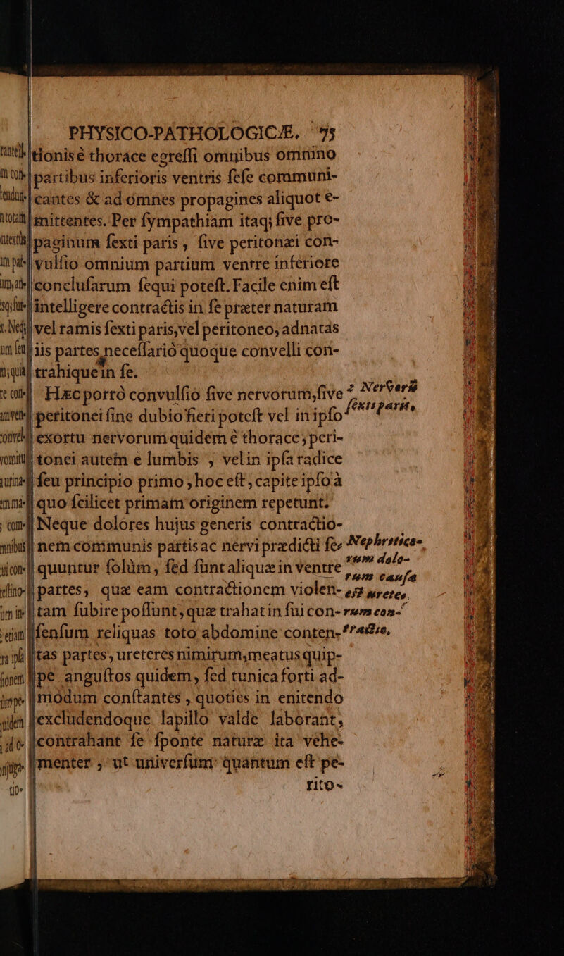 t. Honisé thorace eereffi omnibus omnino Uv partibus inferioris ventris fefe communi- tli cantes &amp; ad omnes propagines aliquot e- 0t &amp;irtentes. Per fympathiam itaq; five pro- nter paginum fexti paris, five peritonzi cón- à M vulfio omnium partium venrre inferiote liM conclufarum fequi poteft. Facile enim eft sli intelligere contractis in fe praeter naturam t. Ne i vel ramis fexti paris;vel peritoneo, adnatas um (et [iis partes neceífarió quoque convelli con- 1:04 trahique1n fe. à tod FLscporró convulfio five nervorum;five 7 ui: Nes it^ peritonei fine dubioferi poteft vel in ipfo (m Qr exortu nervorum quidem € thorace; peri- imul tonei autem e lumbis velin ipfa radice ur feu principio primo , hoc eft, capiteipfoà mns quo fcilicet primatn originem repetunt. omJ Neque dolores hujus generis contractio- xibiifi nem communis partis ac nérvi prdicti fe N Anima jc quuntur folüm, fed fünt alique in ventre viti nep tino 1 partes, qua eam contractionem violen- £2 4e, ini | tam fubirepoffunt, quz trahatin fui con- ze» con. «um fenfum reliquas toto abdomine conten. '^«e. n ni Itas partes, ureteres nimirum,meatus quip- iom fpe anguítos quidem, fed tunica forti ad- iy [riodum conf(tantés , quoties in enitendo gide Jexcludendoque lapillo valde laborant, t | contrahant fe fponte natura ita vehe- dig || menter , ut univerfum: quantum eft pe-  rito T
