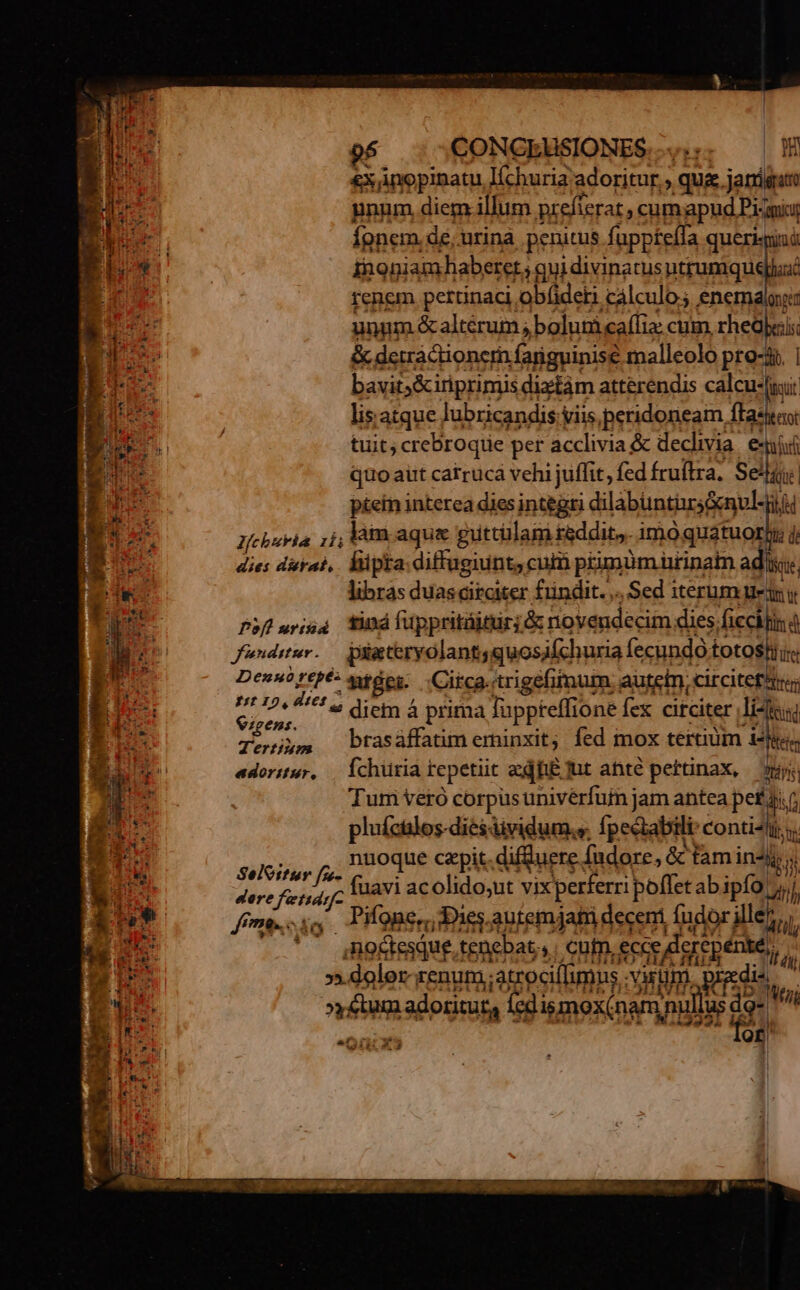 É: pd 95 CONCEUSIONES. ....: | DR Ea £x inopinatu I(churia adoritur, » quae. janignao EL i| unnm, diem illum prejt: lerat,cum apudPi; yu D Íonem.de, urina penitus fappteífa quspnà Ei inopiamhaberet, qui divinatus utrumqu E renem pertinaci ob(ideti calculo ; enemalog - e unum &amp;altérum bolum caíTize cum rheübais i fan &amp; detractionern fariguinise malleolo pro-si. | im 2 bavits&amp;i iriprimis dietám atterendis calcus(uuir lisatque lubricandis;i Viis,peridoneam fEasca tuit; crebroque per acclivia &amp; declivia eid quo aut catruca vehi juffit, fed fruftra. Sei! ! ptcin interea dies integri dilabüntirs&amp;nvl4i ti ped WehuHla. xh làin aque guttulam reddit, dd i | dies durat, hiipka diffugiunt; cuin pimumürinam à lise aes libras duascitciter fundit... Sed iterum uen y IT Pof.rid Xindluppritüiturs &amp; novendecim dies Aicckfin d | ; 5 funditur. piateryolantsquosifchuria fecundó. totoshii É. T Denuo repé: ntéei. Circa. trigefiimum auteim, circitetitrs 1 he s (ie 4t! a dien À prima füppteffione fex citciter li-Iu &amp; 1 p ipit brasaffaüm emnxit,; fed mox tertium dies LS rs adoritur, Íchüria repetiit «dfe ut ante pertinax, Pris j3 T Tumi vero corpus univérfuim jam antea petit E pluícüilos-diesáividum,s. fpectabili conti4lii y. ABT selirur f nuoque cepit. difluere fudore, &amp; ami indi ? |o T3 dro fi H 4j fuavi acolido;ut vix perferri poffetabipío pi *w* fem..ig. PioBer; Dies.autemjati decem fudor ille? €, db did: noctesque. tenebat... cutn. ecce dar gr: aeila Tex ». dolor renum. atrocillimns Xam. predi ini ! uum adoritut, Í Íedis mox(nam, iof LIF je is , l l iA CHO NEA wid L4 Hu. !