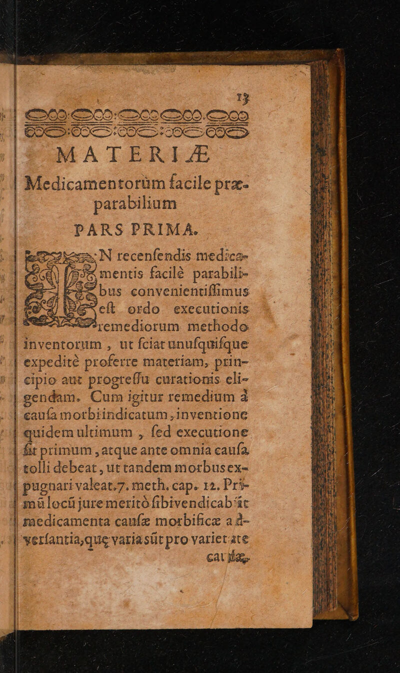 : C EREECRGS up e MATERIZE Medicamentorüm facile prz- parabilium PARS PRIMA. ESN recenfendis med:ca- | mentis facilé parabili- P3 bus convenientiflimus £cíl ordo executionis éwcrrÜmediorum methodo | inventorum , ut fciarunufquifque a ——————————————ÁÓ—— OC expedité proferre materiam, prin- cipio aut progreffu curationis cli- gendam. Cum igitur remedium à E Llnmorhinditam. inventione quidem ultimum , fed executione. fit primum , atque ante omnia caufa, | tolli debeat, uttandem morbusex- | pugoari valeat. 7. meth. cap. 12. Pri- | m&amp;locíi juremeritó fibivendicab at | medicamenta caunfz morbifice a d- | xeríantia,que variasit pro varietate cava