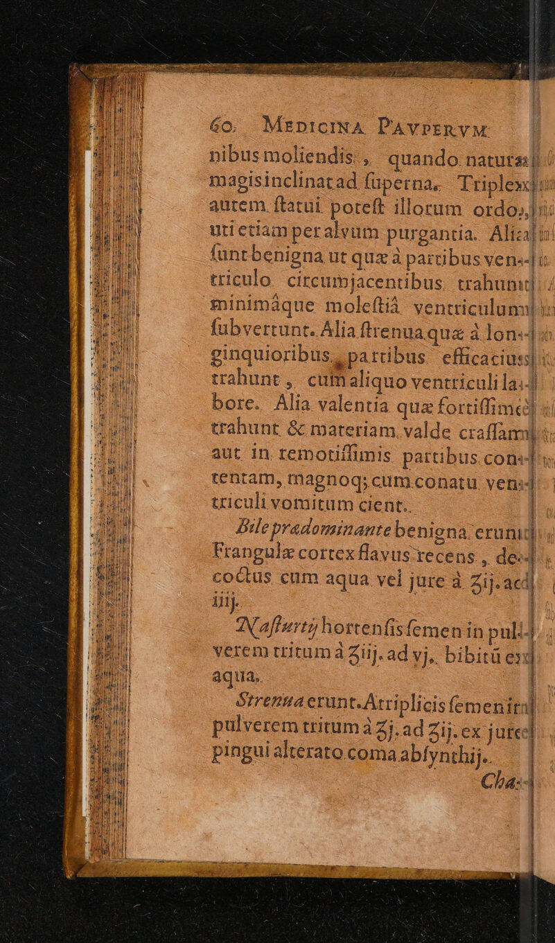 Go. MzpnpicrIwA PaAvrrnvM nibusmoliendis , quando natutai] magisinclinatad fuperna, Triplexi: autem. ftatui. poteft illorum ordo, uti etiam peralvum purgantia. Aliza]ii: funtbenigna ut quz à partibus vene triculo circumjacentibus. trahumid] minimáque moleftià ventriculum i: fubvertunt. Alia ftrenua qua à lon«-] ginquioribus, partibus. efficacius] : trahunt, cuimaliquo ventriculila.] bore. Alia valentia qua fortiffime: trahunt &amp; materiam, valde craffamy i: aut in. remotiíffimis pattibus.consJ': tentam, magnoq; cum conatu. vens] triculi vornitum cient. | Dile pradomimante benigna. crunitj Frangulz cortex flavus recens , de-] coctus cum aqua vel jure à Zij. aed] iiij | ANaffurtz hortenfisfemen in pulij verem tritum à Ziij. ad vj, bibitü e q aqua. Strenua erunt. Arriplicis femeniril pulverem tritum à Sj. ad ij. ex juree pingui alterato coma abfynthij.. Cha:-