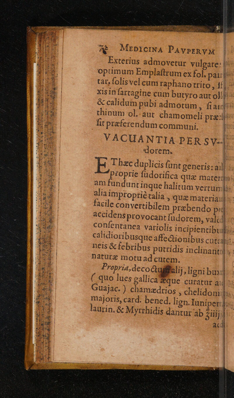 : ERO I E. | TE E MEDICINA PAvprRVM Exterius admovetur vulgare: |: opümum Emplaftrum ex fo]. pau tar, folisvel cum raphano trito, Itjis xisin fartagine cum butyro aut ollj^ &amp; calidum pubi admotum » fraus thinum ol.:aut chamomceli pra: fit praeferendum comm uni, I! VACUANTIA PER SV. dorem. E Ee duplicis (unt generis: aj) proprie füdorifica qua materdgm/ am fundunt inque halitum vertum kt alia imptoptié talia , qua materia:ul facile convertibilem prebendo pid accidensprovocant fudorem, valcdi confentanea variolis incipientibiulo) calidioribusque affectionibus cut: ibi | neis &amp; febribus putridis incl | i inanttd y. naturz motu ad cutem. Propria, deco &amp;tullileli ligni bun | ( quo lues gallica *que curatuüt a 4 Guajac. ) chamzdrios » chelidoniij majoris, card. bened., lign. Iuniper:].i; laurin. &amp; Myrrhidis dantur ab 2iiji acd | | |