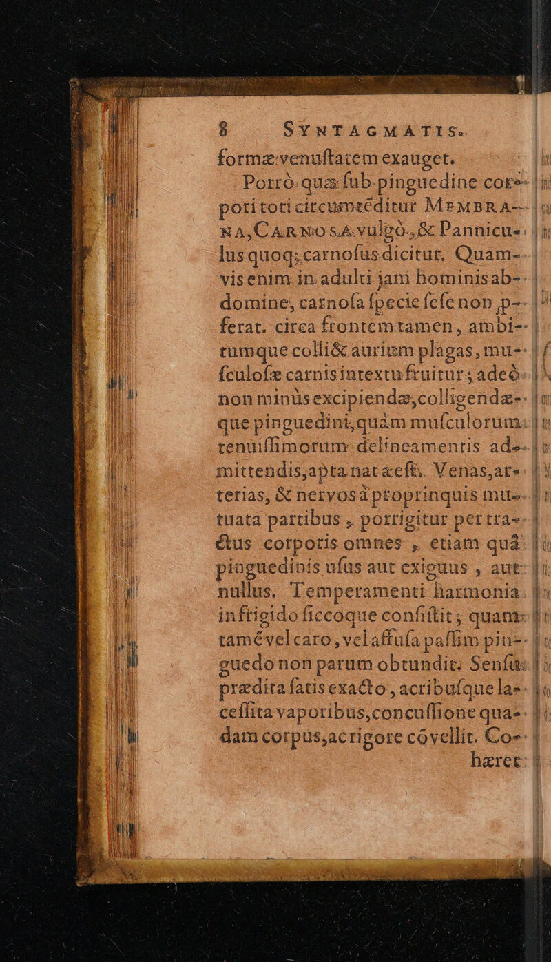 formz:venuftacem exauget. | Porró.qua: fub pinguedine cor- |i pori toti ciecumtéditur MEMBR A— || NA,CAR No sA.vulvó., ὃς Pannicue: ἢ lus quoq;.carnofus dicitar, Quam- m visenim in. adulti jam hominisab- | domine, carnofa fpecie fefe non p- ferat. circa frontemtamen, ambi- | rumque colli&amp; aurium plagas, mu-: | í Mi fculofz catnisintextu fruitur ; adeó Wr non minusexcipiendascollieendz-- |a n que pinguedini,quàm mufculorum n tenuiffimorum delineamentis ade-.| : IM mittendis,apta nat «eft. Venas,are p terias, &amp; nervosa ptoprinquis mtte tuata partibus , porrigitur pertras- | étus corporis omnes , etiam quà pioguedinis ufüs aut exiguus , aut: ji — 1 ῃ nullus. Tempetamenti harmonia. ἢν ᾿ inftigido ficcoque confiftit; quam | i H tamévelcaro , velaffufa paffim pin |  | guedo non parum obtundit. Senf: ] i | A predita fatisexacto , acribufquelas-- 1e Fn ceffita vaporibus,concuffione qua- | | li dam corpus;acrigore cóvellit. Co» M haret: | veni Abende