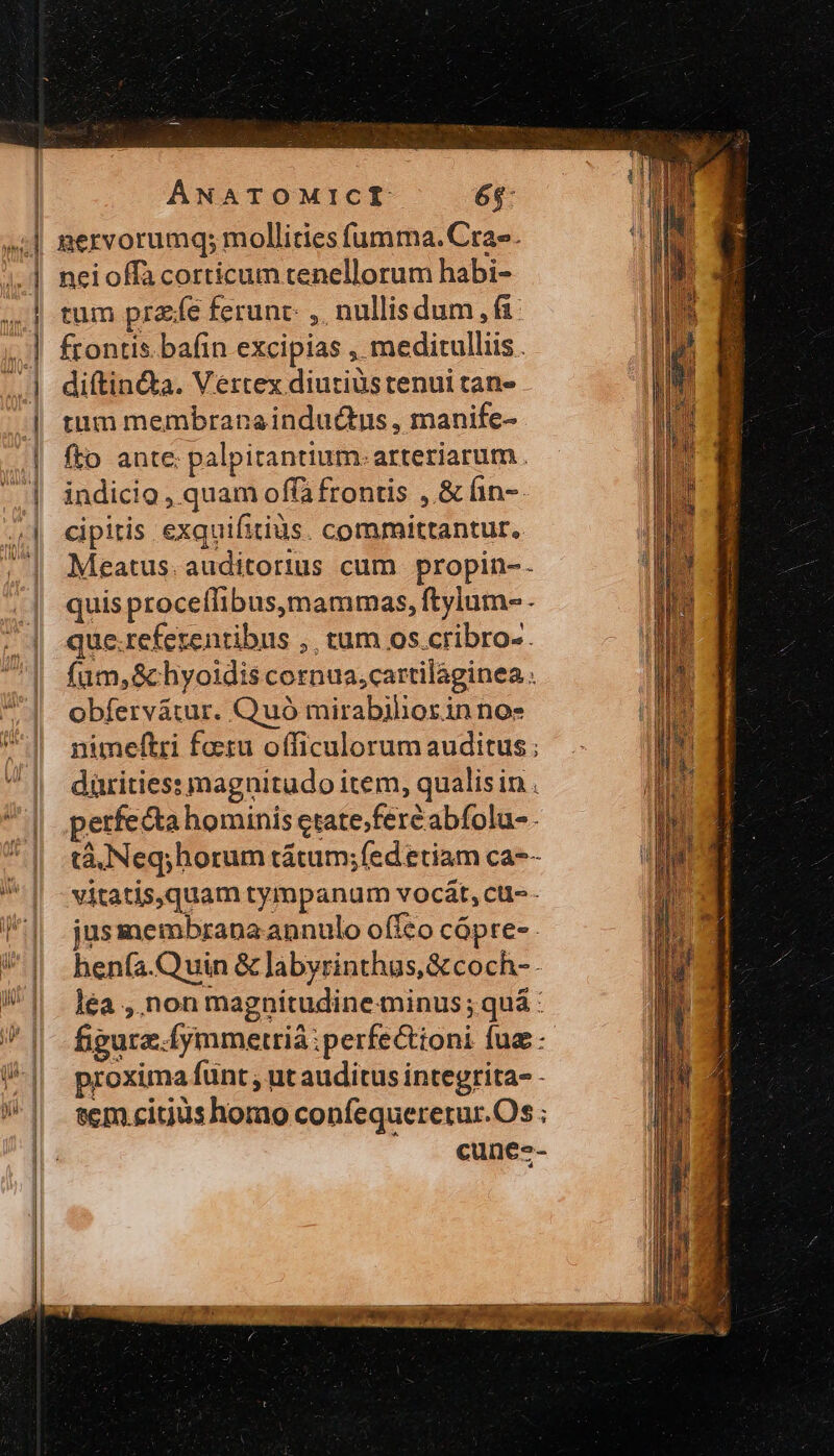 ANATOMICET 64: νοῦ nervorumq; mollities fumma. Cra». | neioffacorticum tenellorum habi- | tum przfe ferunt ,, nullisdum fi ἢ frontis. bafin excipias , mediculliis. ἡ diftin&amp;a. Vertex diutiüstenui tan- | tum membranainductus, manife- | fto ante palpitantium. arteriarum. | indicio, quam offafrontis , &amp; in-. .| €ipitis exquifitius. committantur., Meatus.auditorius cum propin-. quis proceffibus,mammas, ftylum- - que.referentibus ,, tum os.cribro-- füum,&amp;chyoidis cornua,cartilaginea . | obfervátur. Quó mirabihorzinnos 1 nimeftri foru officulorumauditus; 7| dürities: magnitudo item, qualisin . perfecta hominis ctate;feréabífolu- - || :tálNeq;horum tátum;fed etiam ca-- || -vitatis,quam tympanum vocát, cu-- || .jusmembzanaannulo offeo cápre- - | henfa.Quin &amp;labyrinthus,&amp;coch-- W^ léa,nonmagnitudineminus; quá : ' | - figura.fymmetrià perfectioni fuz: Ὁ] proxima funt , ut auditus integrita- - | semeigushomo confequeretur.Os ; ^ . eunees- T tunm Nem νήπιε) APPIO ra Me