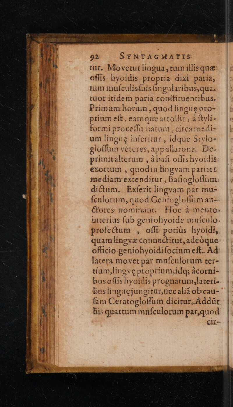 tut. Movetur lingua, tum illisquz offis hyoidis propria dixi paria, tum mufculisfuis Gngularibus,qua. tuor itidem paria conftituentibus, Primum horum , quod linguepro- prium eft, eamoeueattol Td à fyli- formi proceifa natum , circa msdi- um lingue inferitut , idque zu gloffum veteres, app lh. rang. De- primitalterum , xba fi oílis hyoidis. exortum , quodin lingvam pari: ἘΞ medianr EXtenditür i Bafiogloffüm. di&amp;um.. Exferit lingvam par mu- ículorum, quod. Geniogl c au- Gores nominant fioc à mento» interius fub e geniohyoide mufculo. profedum , offi potiüs hyoidi,, quamlingy connectitut, adeóque- officio geniohyoidifocium eft. Ad latera movet par mufculorum ter- tium,lingve proprium;idq; àcorni- bus offis lyoidis prognarum,lateri-. bus linguejungiturnecalià obcau- fam Cer atogloffum dicitur. Addüt: his qnartum mufculorum par,quod οἷτ--