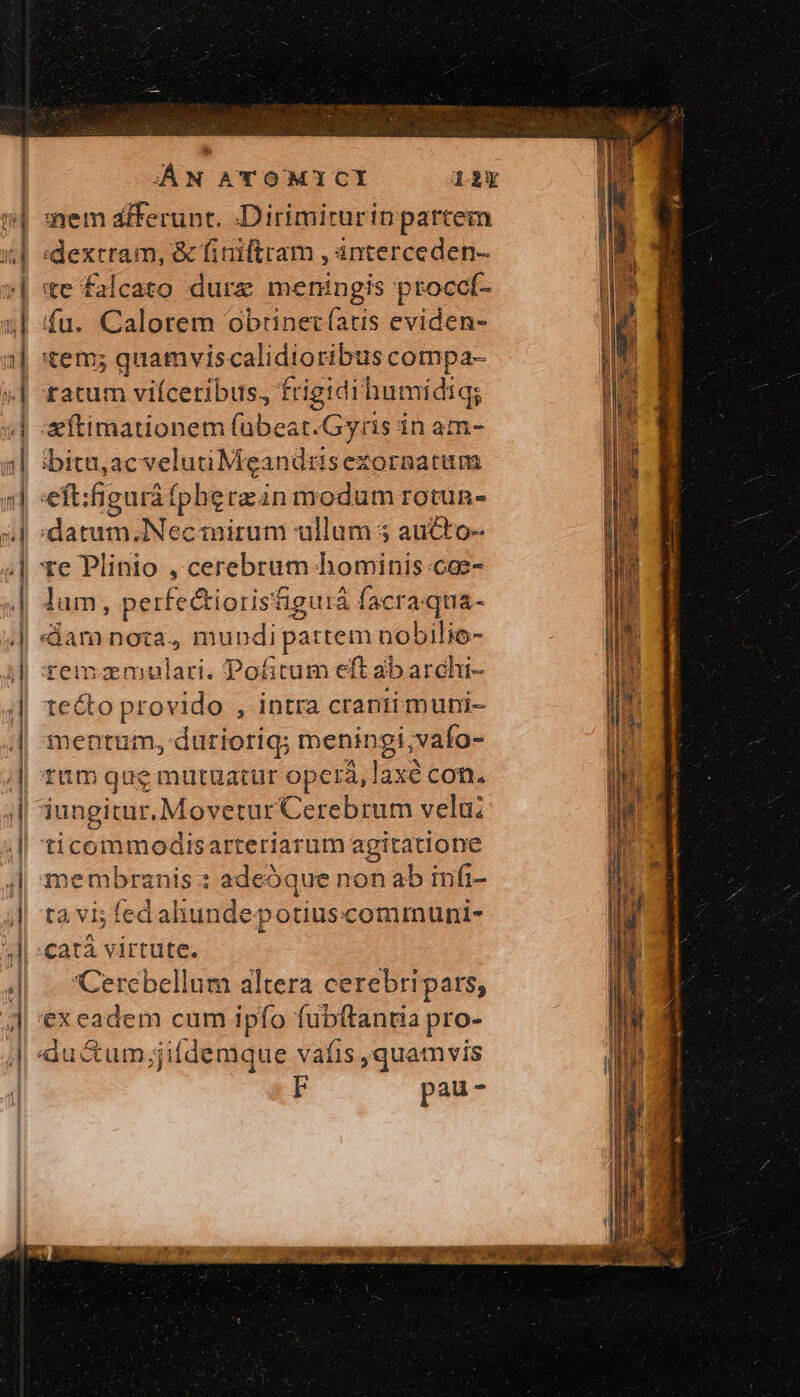 tatum viíceribus, frigidi humidiq; lam, perfedtiori isfiguiá à facra qua- tecto provido , intra cranii muni- mentum, duriorigq; meningi,vafo- tüm que mutuatur operà, Lr con. iungitur. Movetur Cerebrum velu: membranis : ade« óque non ab infi- ta vi; led ahundepotiuscommuni- catá virtute. Cercbellum altera cerebripars, ex eadem cum ipfo fubftantia pro- E pau-