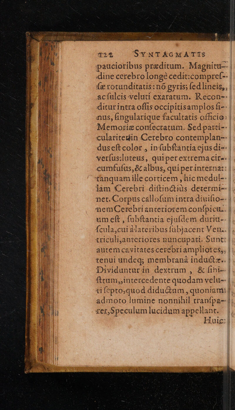 Tw 725 S-v NT K&amp;GM ATIS ipaucioribus praeditum. Magnitt-- | dine cerebro longé cedit:compret-- | fe rotunditatis: nó gyris; fed lineis, , | acfulcis veluti exaratum. Recon-- diturintra offis occipitisamplos fi-: aus, fingularique facultatis officio: | Memorie confecratum. Sed patti-- | cularitedin Cerebro contemplan- duseftcolor , ip (ubfantia ejus di-- | verfus:luteus, quiperextremacite: | cumfufüus,&amp; albus, qui perinterna: tanquam ille corticem , hic medul-- lam Cerebri diftindtiis determi-- |. net.Corptus callofum intra diuifio- nemQCerebrianteriotem.confpictr. |. um eft , fübfantia ejufdem duria- fcula,cui àlateribus fübjacent Ven.. |j; triculiyanteriores nuncupati. Sunt: |; autem cavitatescerebriampliotes,. |; tenui undeg; membraná indu&amp;z.. | Dividunturin dextrum , ὃς fini- | ftrum intercedente quodam velu-- | , ti feptoquod didu&amp;tum , quoniam; f. admoto lumine nonnihil tranfpa- |; rer,Speculumlucidumappelant. |, Huic: |