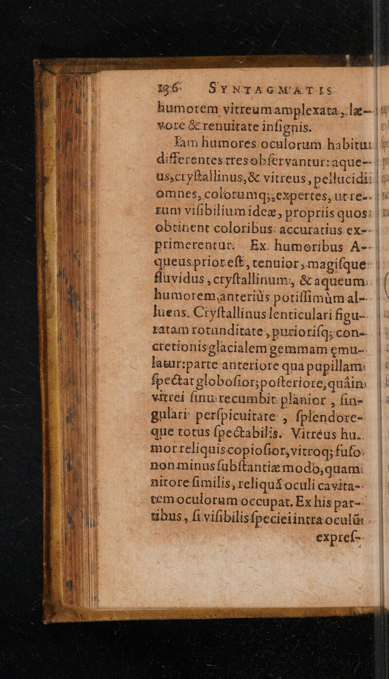 μὰ 195, ΒΘΎΝΤΑΟΜΙΑΤΙς humorem vitteumamplexata., lae ἢ vore &amp;renuitate infignis. Fam humores. oculorum habitu: ἢ differentes tresobfervanturzaque-- || us,cryEallinus,&amp; vitreus, pellucidi; | omnes, colorumq;;expertes, ut rez. | zum vifibilium idez, propriisquos: | obtinent coloribus: accuratius ex-- | primerentur: .. Ex. humoribus A-- | queusprioref£, tenuior, magifque: | Buvidus ,cryftallinum:, &amp; aqueum: humoremaanteriils potiffimümal-- |^ luens. Ctyftallinuslenticulari figu-. |! ratam rotunditate, puziorifq;con-- cretionisglacialem gemmam emu-- latur:parte anteriore qua pupillam: fpectatglobofior;pofteriorequáin: |i vitrei finu recumbit planior,íii- | gulari: perfpicuitate: , fplendoxe- que totus fpectabilis. Vitreus hu.. for reliquiscopioftor,vitroq; fufo: nonaminus fubftantie modo,quam: nitore fimilis , reliqu&amp;oculi cavita-- temoculorum occupat. Ex his par-- tibus, fivifibilis Ípecieiintra oculi ' expref--