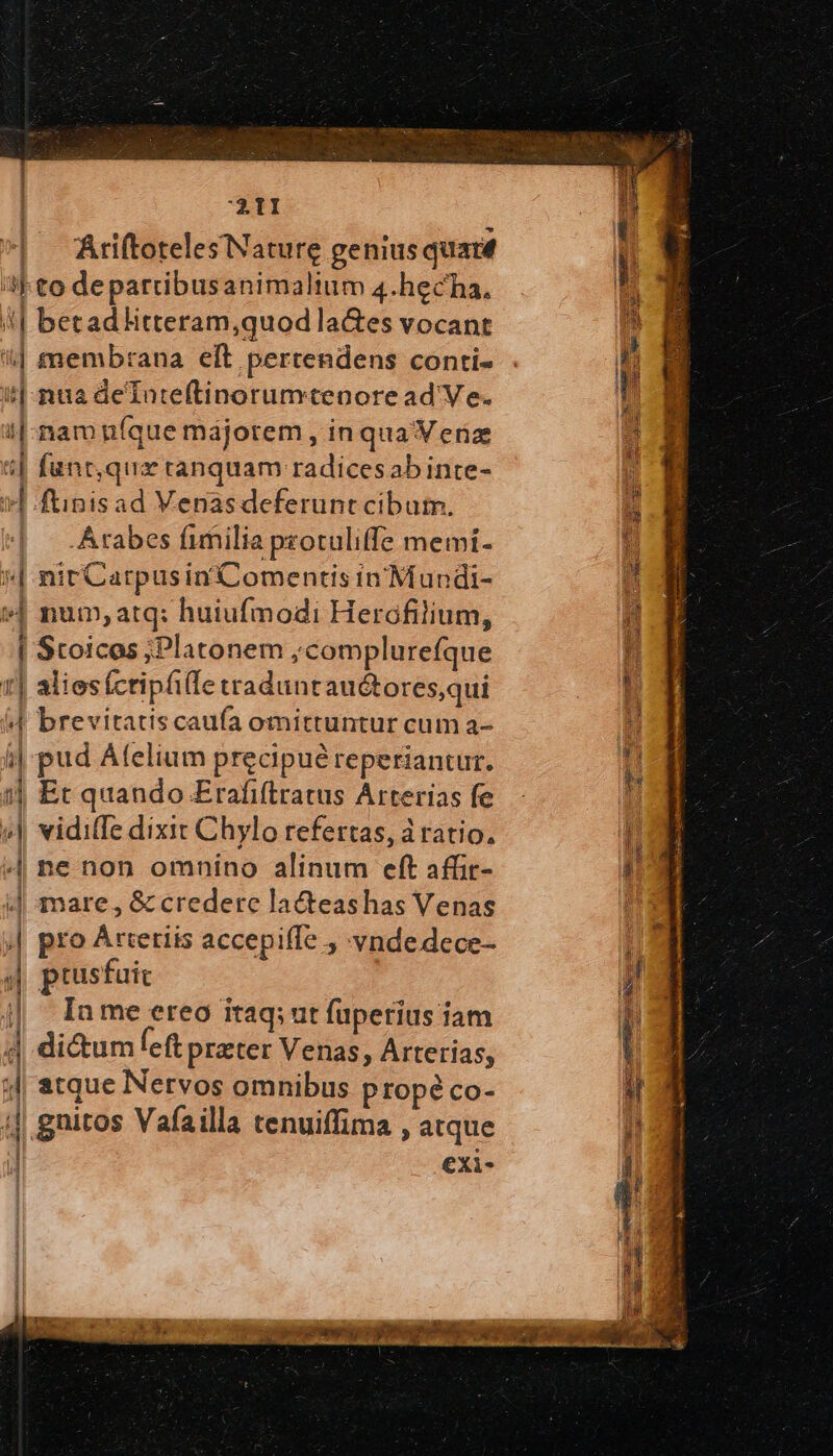 mu Δ 1 x ἃ Em - πο mm Yos em τῷ.» Ὁ —P— € —————— 211 AriftotelesNature genius quad to departibusanimalium 4.hecha. betadlitteram,quod la&amp;es vocant membrana eft pertendens conti- nua delunteftinorumtenore ad Ve. nam níque májotem , in qua Veri funt,qux tanquam radicesabinte- ftinisad Venasdeferunt cibum. Arabes fimilia protuliffe memi- nit Carpusin Comentis in Mundi- num, atq: huiufmodi Hercfilium, Stoicos ;Platonem ;complurefque aliesfcripffe traduntauctores,qui brevitatis caufa omittuntur cum a- pud Áfelium precipue reperiantur. Et quando Erafiftratus Arterias fe vidi(Te dixit Chylo refertas, ἃ ratio. ne non omnino alinum eft affit- mare , &amp; credere lacteashas Venas pro Ártetiis accepiffe , vndedcce- piusfuic In me ereo itaq; ut fupetius iam dictum feft prater Venas, Arterias, atque Nervos omnibus propéco- exi-