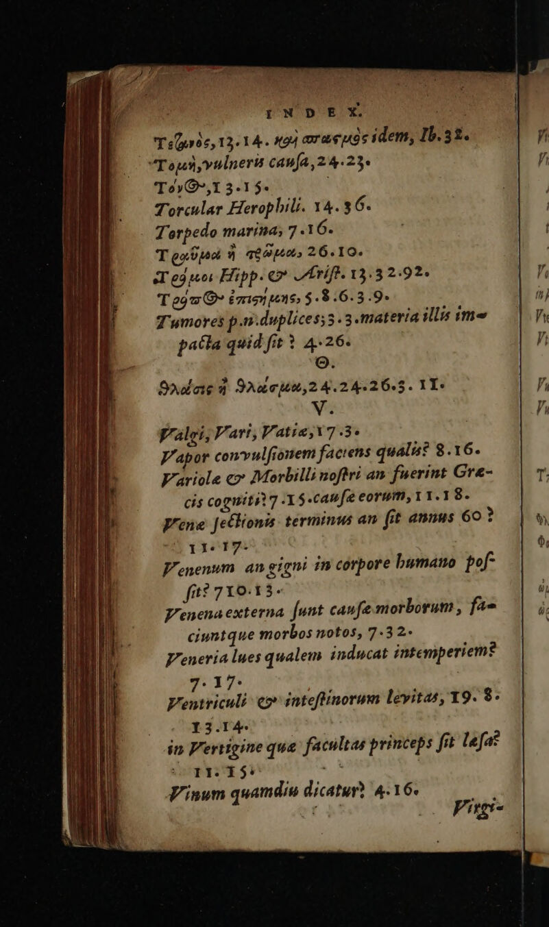 INDE SX aen T0606, 13.14. 404 araepas idem, Ib. 32. Toi vulnerit caufa, 2 4.23. ToyO,1 3.15. Torcular Heroplili. Y4. $6. Terpedo marina; 7 .1 6. T eoa 9| a$3pe2» 26.10. Ted uoi Hipp. €&amp;* JIAríff. 13.32.92. Teo9m G* imoruns, $.3.6.3.9. T'umores p.n.duplices;5. 3.materia illis im« p4dcla quid fit 1 4.26. o. Soda 2 9Aucju,2 4.24.26.5. YI: Valet, Vari, Vatie,Y7.3. V'apor con'vulfionem faciens quali? 8.16. Variole e» Morbilli noftri an fuerint Gra- Cis cogmitii7 1 5-caufe eorum, 11.18. Vene. [e£lionis. terminus an it annus 60? II 17: V'enenum an gigni in corpore bumano f^ fit? 710:13- V'enena externa [unt canfe morborum , fa» ciuntque morbos notos, 7.32. Veneria lues qualem inducat intemiperiem? 7. 17* Ventriculi €» inteflinorum levitas, 19. $. 13.14 in P'ertigine qua: facultas princeps fit lefat OI|l$ $n Vinum quamdiu dicatur? 4.16.