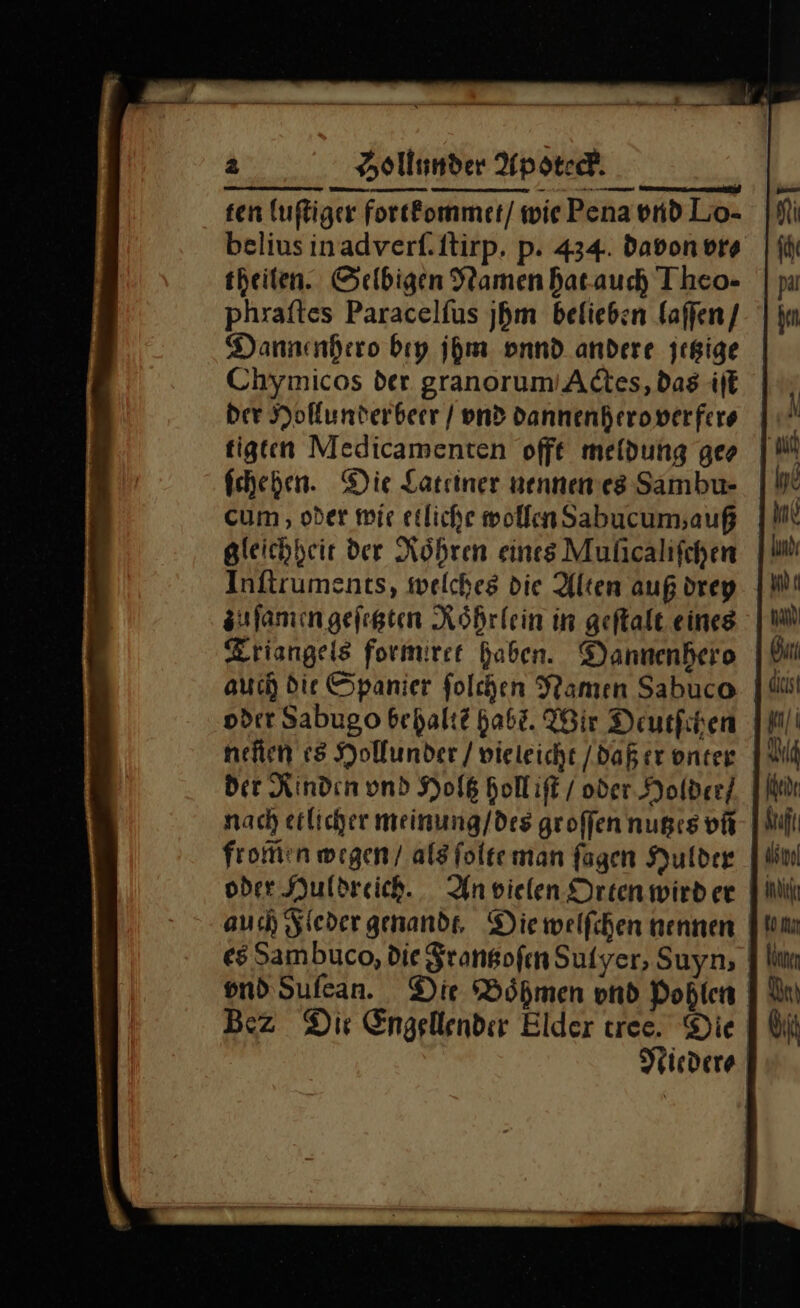 sen luſtiger fortkommet / wie Pena vnd Lo- Ni beliusinadverf.itirp. p. 434. davon vro | ff theiten. Selbigen Samen hatauch Theo- | pa phraftes Paracelfus jhm belieben laſſen / hm Dannenhero bıy jhm onnd andere jegige Chymicos der granorum Actes, das iſt der Hollunderbeer / vnd Dannenherowerfere I tigten Medicamenten offt meldung gee ſchehen. Die Lateiner nennenes Sambu- | cum , oder mir etliche wollen Sabucum auß gleichheir der Röhren eines Muhicalifchen Fi Inftruments, welches die Alten auß drey zuſamen geſetzten Roͤhrlein in geſtalt eines | 1M Triangels formiret haben. Dannenbero | Ün auch die Spanier folchen Samen Sabuco | oder Sabugo behaltẽ Habt. Wir Deutſchen nefien es Hollunder / vieleicht /daer onrer | Der Kinden ond Holtz holl iſt oder. Holder/ nach etlicher meinung/des groffen nuges vi IMıf! fromen wegen / als folteman fagen Hulder [lin oder Huldreich. An vielen Drtenwirder Kill auch Fleder genands, Die welfchen nennen Jun es Sambuco, Die Frantzoſen Suſyer, Suyn, | lm vnd Sulcan. Die Böhmen und Bohlen | In Bez Die Engellendir Elder trec. Die | bil Nieder⸗