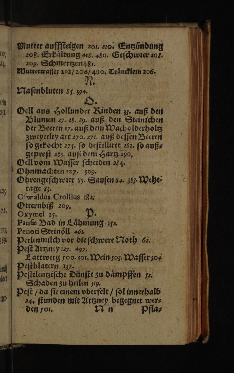 I Mutter auffſteigen 201. 2104 Entzuͤndung 208; Erkältung ars. 480. Geſchwier 208. 209, Schmergenägt. Mutterwaſſer 202/206/ 430, Traͤncklein 206. * Oell aus Hollunder Rinden 3. auß den Blumen 27. 28. 29. auß den Steinichen der Beeren 17, auß dem Wacholderbolg zweyerley art 270. 271. auf Deflen Beeren ſo gekocht 275. fo deſtilliret 282. ſo auß⸗ gepreſt 285. auf dem Hartz e⸗0. Oell vom Waſſer ſcheiden 284. GOhnmachten 107. 509: Obrengefchwier 85. Saufen 84: 383 Wehe tage 83. “ Ofwraldus Frofliu: 183; Otternbiß 209, Oxymel 25. Panſæ Bad ın Laͤhmng 352. Penoti Steinöll . Peſt Artzney 127. 497. Cattwerg 500. son, Mein soz. Waſſer 0⸗ Peſtblatern 137. Deftilengifche Dünfke zu daͤmpffen 5 Schaden zu heilen sı9. Peſt / da ſie einem vberfele / ſol innerhalb 24, ſtunden mit Artzney begegnet wer⸗ den zsor. In Pfla⸗ — — — —