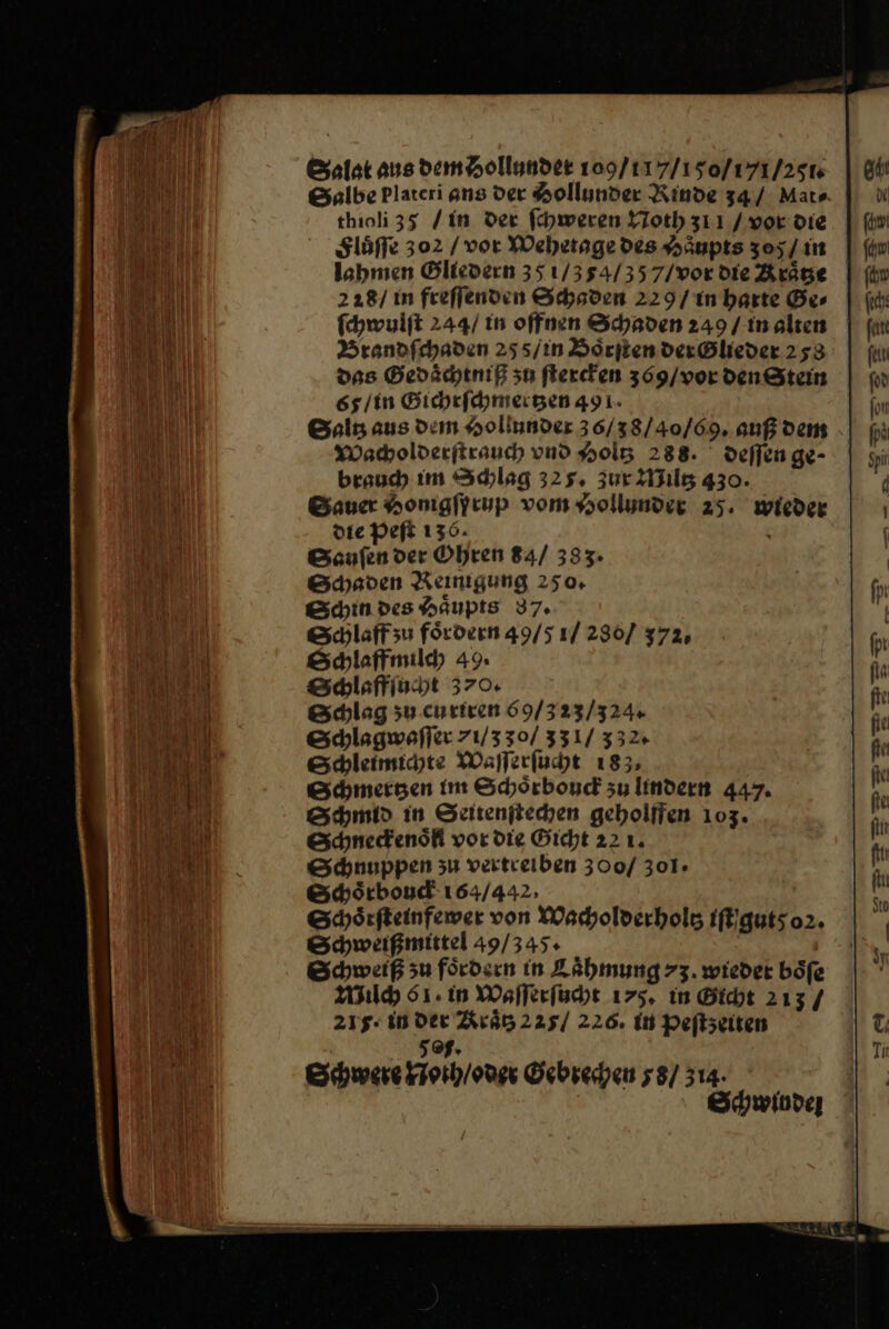 Salat ans dem Hollunder 109/117/1 50/1 71/251 Salbe Plareri ans der Aollunder Rinde 34/ Mat» thıoli 35 /in der ſchweren Florhzı1 / vor die Fluͤſſe 302 / vor Wehetage Des Haͤupts 305 / in lahmen Gliedern 35 1/354/357/vordie Kraͤtze 228/ in freſſenden Schaden 229 / in harte Br» ſchwulſt 244 / in offnen Schaden 249 / in alten Brandſchaden 255/in Sören der Glieder 253 das Gedaͤchtniß zn ſtercken 369 / vor den Stein 65 / in Gichrſchmertzen 491. Gals aus dem Hollundet 36/38/40/69, auß dem Wacholderſtrauch vnd Holg 288. deſſen ge⸗ brauch im Schlag 325. Zur Miltz 430. Bauer Honigfyrup vom Hollunder 25. wieder die Peſt 130- Saufen der Ohren 84/ 333. Schaden Reinigung 250% Schin des Haͤupts 37. Schlaff zu fördern 49/5 1/ 230/ 372, Schlaffmilch 49. Schlaffſucht 370. Schlag zu curiren 69/323/ 324 Schlagwaſſer 71/330/ 331/ 332 Schleimichte Waſſerſucht 183; Schmertzen im Schoͤrbouck zu lindern 447. Schmid in Seitenſtechen geholffen 103. Schneckenoͤll vor die Gicht 22 ı. Schuppen zu vertreiben 300/ 301: Schoͤrbouck 164/442; Schörfteinfewer von Wacholderhols iffiguts o2. Schweißmittel 49/345 Schweiß zu fördsın in Lähmung 73. wieder bofe Milch 51. in Waſſerſucht 175. in Gicht 213 / 215: in der Kraͤtz 225 / 226. in Peſtzeiten 505. Schwere Noth / oder Gebrechen 58/ 314. Schwindeg