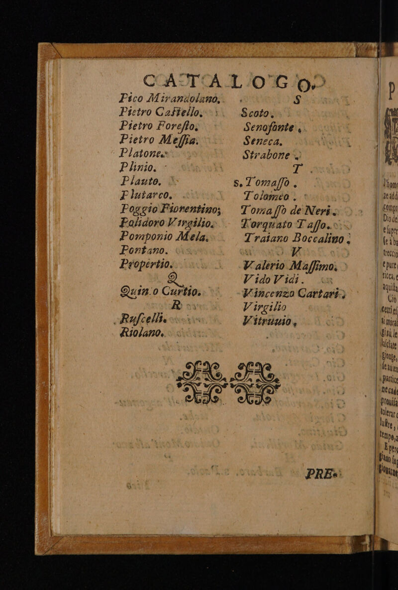 italo ife RT i sensori rt i CCASTCA Fico Mirandolano, Pietro Castello. Pietro Foreffo, Pietro Meffia. | Platone Plinio. Plauto, Fluitarco. Poggio Fiorentino; Falidoro Virgilio. Pomponio Mela. Pontano. Pwopertio. IL/0GI 0» Sauna | Senofonte, Seneca. Strabone. PA S. Tomaffo . Tolomeo . 1 omafò de Ners. Dorquato Taffo.® Traiano Hoccalivo , x V Vv Eror Maffi moi Vido Vidi. Vincenzo Cartari) Vingilio Vitruzio, Compri Diode etuper (eb treccio tcca, e aquila Cio Simi gia bano, lezgia De cade