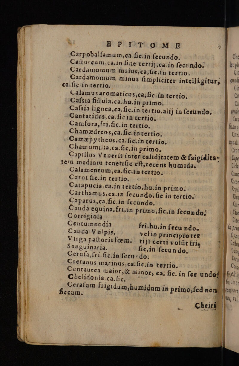 EPITOMIE Carpobalíamum,ca fic.in fecundo, Caítoreum,ca.in fine tercij;ca.in feccndo; Cardamomum tnáíus,ca,fie.in tertio. Cardamomum minus fim ca.fic in tertio, Calamus aromaticus,ca,fic.in tertio. Cafsia fiftula.ca.hu.in primo. Cafsia lignea,ca.fic.in terti0.ai1j in feeundo, Cantarides,ca. fic in tertio, Camfora,fri.fic.in tertio, Chamzdreos,ca.fic.in tertío, Camzapytheos,ca.fic.in tertio, Cbamomilia,ca.fic,in primo. . Capillus V eneris inter caliditatem &amp; faigidita* tem medium tcenetific e(t;tecens humida. Calamentum,ca.fic.in tertio. Carui fic.1n tertio. Catapucia.ca.in tertio;hg.in primo. Carthamus,ca.1n fecundo, fic in tertio, Caparus,ca.fic.in fecundo. auda eguína, fri,;in prito, fic.in fecundo; Corrigiola Centuinnodia Cauda V alpis. Virga paftorisfaem. S5nguinaria. fic,in fecun do. Cerufa, firi. fic.in fecundo. Cretanus marinus,ca.fic.in tertio. Centaurea maior,&amp; IG 1nOr, ca, fic, fri.hu.in fecu ndo. velin principioter in fee undo? humidum in primo,fed non Cheiri undi B Ci 8 [| [cá lj ; fiydit ifi Men173 IM; vd