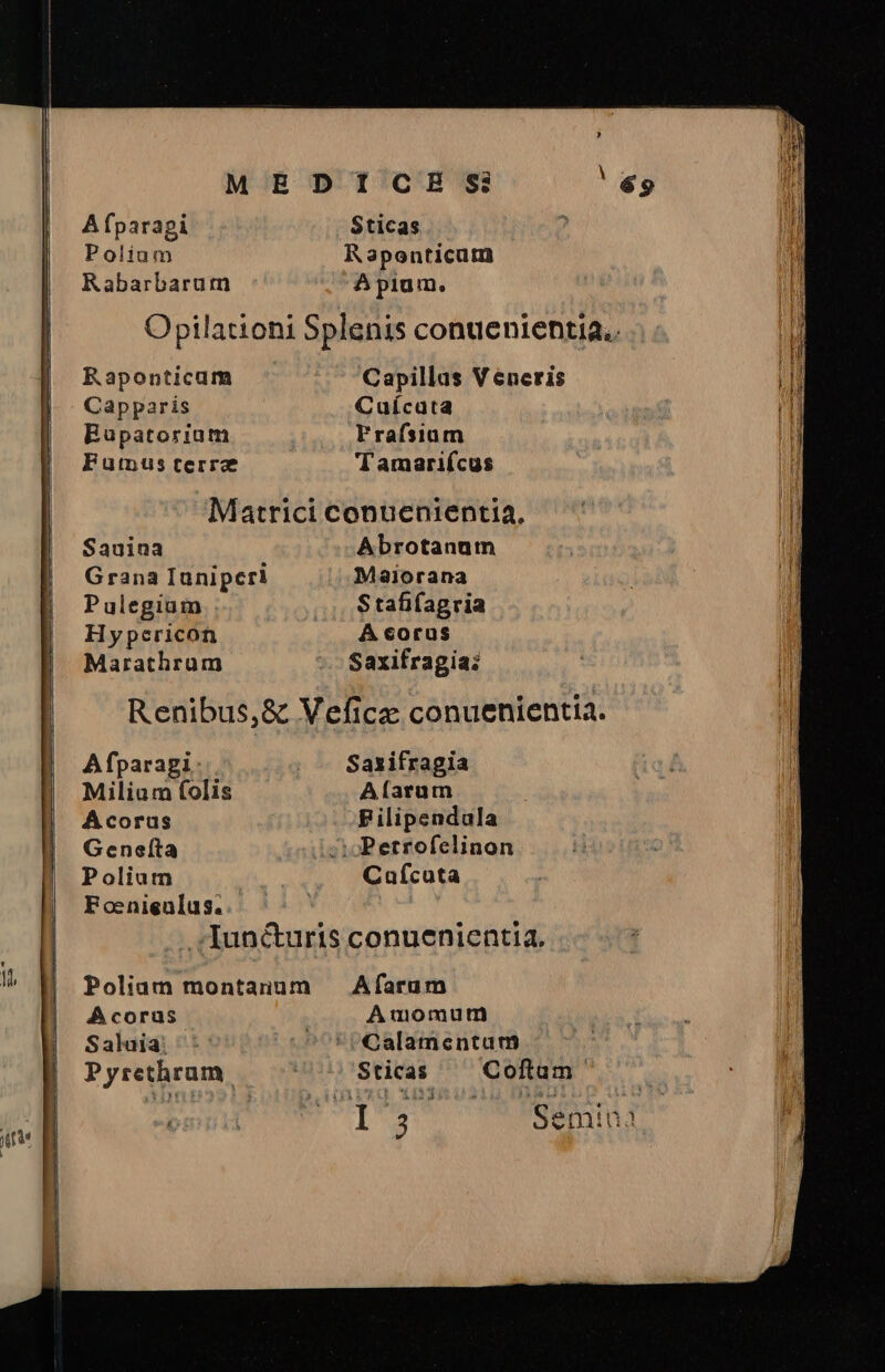 M EDICHBS Afparagi Sticas Polium R3ponticum Rabarbarum À pium. Opilationi Splenis contuenientia.. Raponticum Capillas V eneris Capparis Cuícata Bupatoriam Frafsium Futnus terree Tamarifcus Matrici conuenientia. Sauina Abrotanum Grana Iuniperi Maiorana P ulegium .. Stafifagria Hypcricon À corus Marathrum Saxifragia: Renibus,&amp; Vefica conuenientia. Afparagi. Saxifragia Milium folis A[arum Acorus Pilipendala Geneíta ^oPetrofelinon P oliam ! Cufícuta Foenieulus..- . ; Iuncturis conuenientia. . Poliam montanum Afarum Acorüs. Amomutm Salaia: ^^f*5Galamentam Pyrethrum. Sticas — Coftam