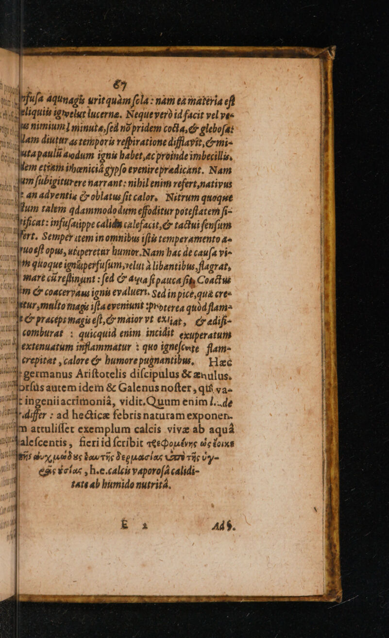 f nfufa 4qtnagis uritquam fla : nam tà fhátiria eji (litem, , L. d quleliquiis igmelur lucerne. Nequevero id facit vel va« dj, ME nimium] pimute,fed no pridem cola, d glebofai Mam dittttr as terkporis vefpiratione difflavit,crmi- ij, Mtapaulh auum ignis habet ec proindeimbecilli, | Mem ettisin ilbeniciá gypfo evenirepredicant. Nam SM lb übigitürere narrant : nibil enim vefert,nativus ilr 4n adventia Cx oblatus fit calor, Nitrum quoque Tum ralem qdammododut effoditur poteflatern fi- Mifit: infufaippe calidis calefacit, Cr taui fenfum Fert. Semper item in omtibus iftis temperamento a« toeff opus, utiperetür humor Nam bac de caua vi- Jh quoque iemiipesfu(um;velut à libantibus, flagrat, 1] mare cureflinunt : fed C Ata fi pauca fsty Coactu AER Ce coacervaus ignia evdluert. $ed in pice, quà cree tur mnlto fitagis i[La eyeniunt »roterea quid flam» RO praetps inagis et, C maior vt exp, ev adifi- | eemburat : quicquid enim incidit. exyperatutm extenuatum inflammáatur : quo ind twi flan- TT erepitat ,calore &amp; bumorepugnantibw, — xc Àj T germanus Ariftotelis difcipulus &amp; zuulus, lbrfüs autem idet &amp; Galenus nofter, qtf va /UI ingeniiacrimoniàa, vidit.Q uum enim J.. de bi: difer : ad hedtica febrisnaturam exponen. m attuliffet exemplum calcis viva ab aquá iW Walefcentis, fieriid fcribit «eedonévne dedos ut pee AT LET Bow TÀE Peguacias UATV Tfjc vy- £m ' edeelas , h.e.caleinvaporo[Acalidi- tAt4 ab humido nutritá. T 4»