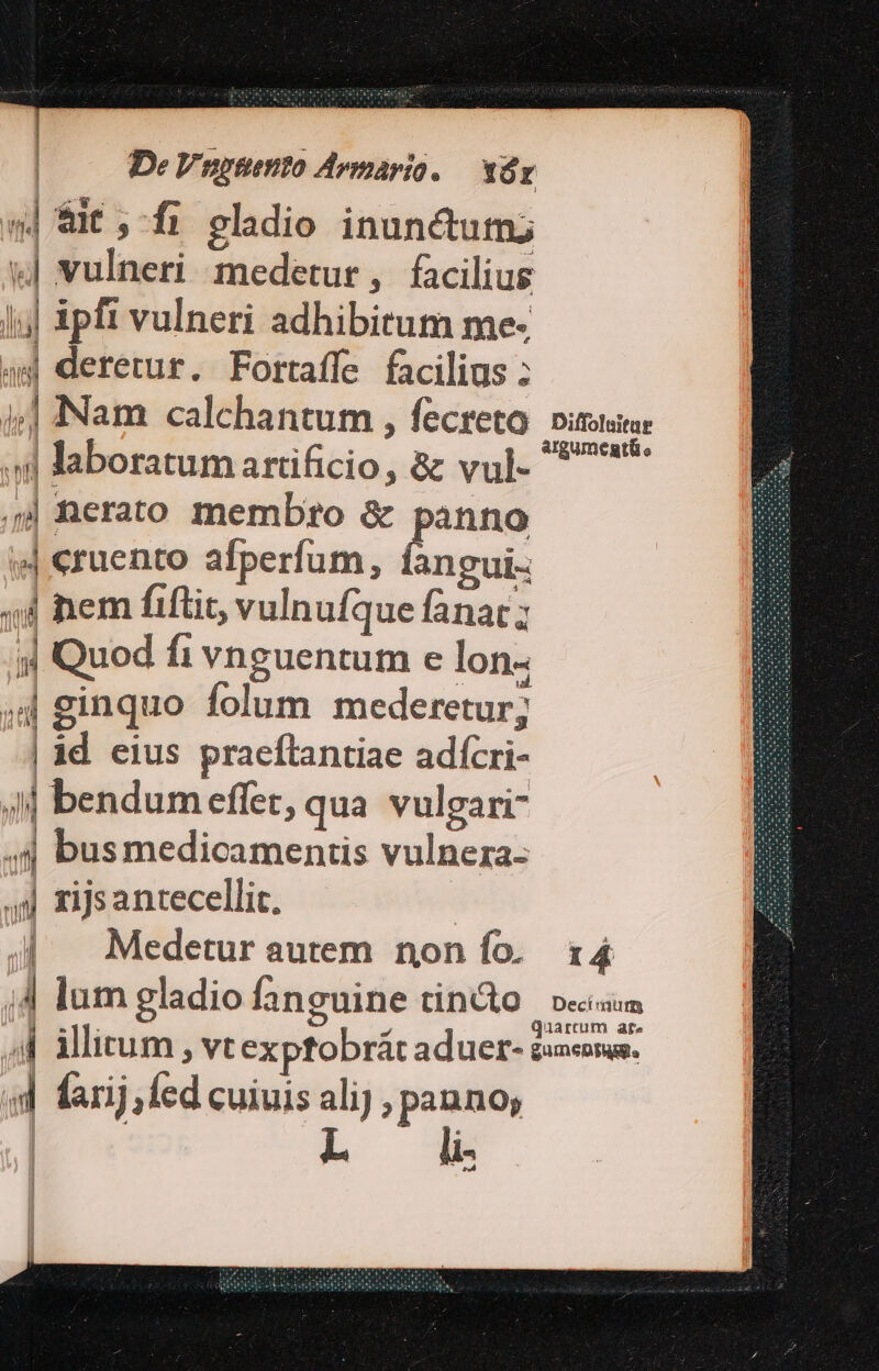 | De Vngsento Avmario. — 1áx 5| *i6 ,-fi gladio inunctum; »J vulneri medetur, facilius jjj ipfi vulneri adhibitum me- 44 deretur. Fortaffe facilius : i] Nam calchantum , fecreto. pits: i| laboratum artificio, &amp; vul- 9 Rerato membro &amp; anno ;| «ruento afperfum, À—À ;4 nem fiftic vulnufque fanat ; 3| Quod fi vnguentum e lon- ;4ginquo folum mederetur; | id cius praeftantiae adícri- 4l bendum effer, qua vulgari- ,4| busmedicamentis vulnera: 4j rijsantecellic. | Medetur autem nonío. 1:4 ;4 lum gladio fanguine tinto «m 4| illitum , vtexptobrát aduer- ei ud larij ; led cuiuis alij, panno; a- os