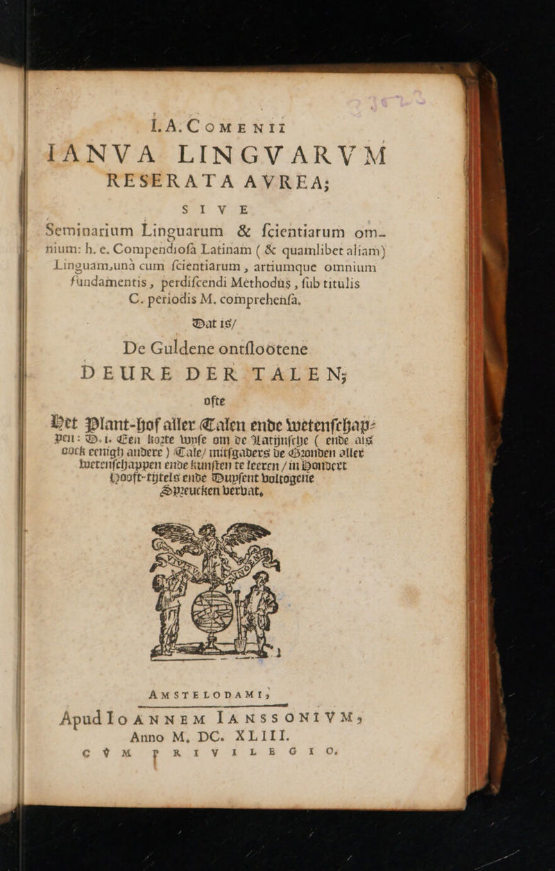 I. A. COMENTII IANVA LINGVARVM RESERATA AVREA; SUD WIE Seminarium Linguarum & fcientiarum om- nium: h. e. Compendiofà Latinam ( & quamlibet aliam) Linouam,unà cum fcientiarum , artiumque omnium fundamentis , perdifcendi Méthodàs , fub titulis C. periodis M. comprehenfa, Dat 15/ De Guldene ontflootene DEURE DER TALEN; AMSTELODAMI; Apudlo &NNEM IANSSONIVM,; Anno M, DC. XLIII. Ÿ M Pow 1v i1 Db. B OG ROL