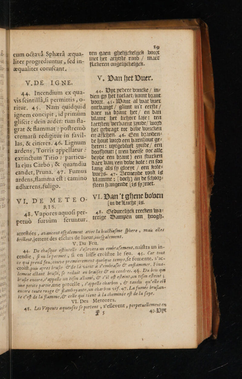 p p — A Lh Luth s m —— —-—— - A B ^ cum octava Sphærà æqua- liter progrediuntur , fed in- &amp;qualiter corufcant, V,DE IGNE. A44. Incendium ex qua- vis fcintillà,(i permittis , o- ritur. 4$. Nàm quidquid ignem concipit , id primum elifcit: dein ardet: tum fla- grat &amp; flammat : poftremó crematü redigitur in favil- las, &amp; cineres. 46. Lignum ardens , Torris appellatur: extinctum Titio : particu- la ejus Carbó; &amp; quamdiu candet, Pruna. 47. Fumus ardens,flamma eft : camino adhærens.fuligo. VI DE'METE O: RIS. 48. Vapores aquofi per- petuo fursüm feruntur.  89 ren qaen gDelijcketijck boot met het achtite vand / MACE flickeren ongelijckeliyck. V, Dan het Duer. 44. Dpt pedere bonche / inz bien qu Det toelaet/komt baant boot. 45+ 3Dant al Wat Vuet onthangt / glimt mt eerfte / daer na b2ant Det/ en Dan ulamt het lichter laje: ten taetften/berbharnt 5pnde/ 020 bet gebragt tot Douce boncken enafichen. 46. Gen bianden- de hout Wwod een barniout qez heten: uptgebluft 5nube/ een boofljout: (men beetfe Doc alle bende een brant) een ftuckeri daer han/cen vote kole : en foa lang als (n gloept / een hole: duc? 47. Bernende vook t$ blamme : (dach) an be (char: fteen hangende [18 (praet. vi. Dan t ghene bonen [in be 3Eucf)t is. 48. Gedurelijck trecken Waz terige Dampen om, hoog. brillent jettent des eíclats 44. De chafque efti 2 f ; n.  lement eftant brulle, | br ul nenr ? »nnall ; orufte encore,s appewe #1 ^ ^ À P4 2 une petite partie,une peICELE , 9 4 ] | | ?3 ds  La fi? encore toute rouge C7 flamboyante; RN RENE s s aye al te c'eff de la flamme, celle qui VI. Des era un embrafement, naiftra un in- » auelaue temps ,(e fomente, s'ac- 1 4 1 ei cendres. 46. Du bots qus dr sil eft eflemt,un tifon efteint 5 $ s 42 D pt                     